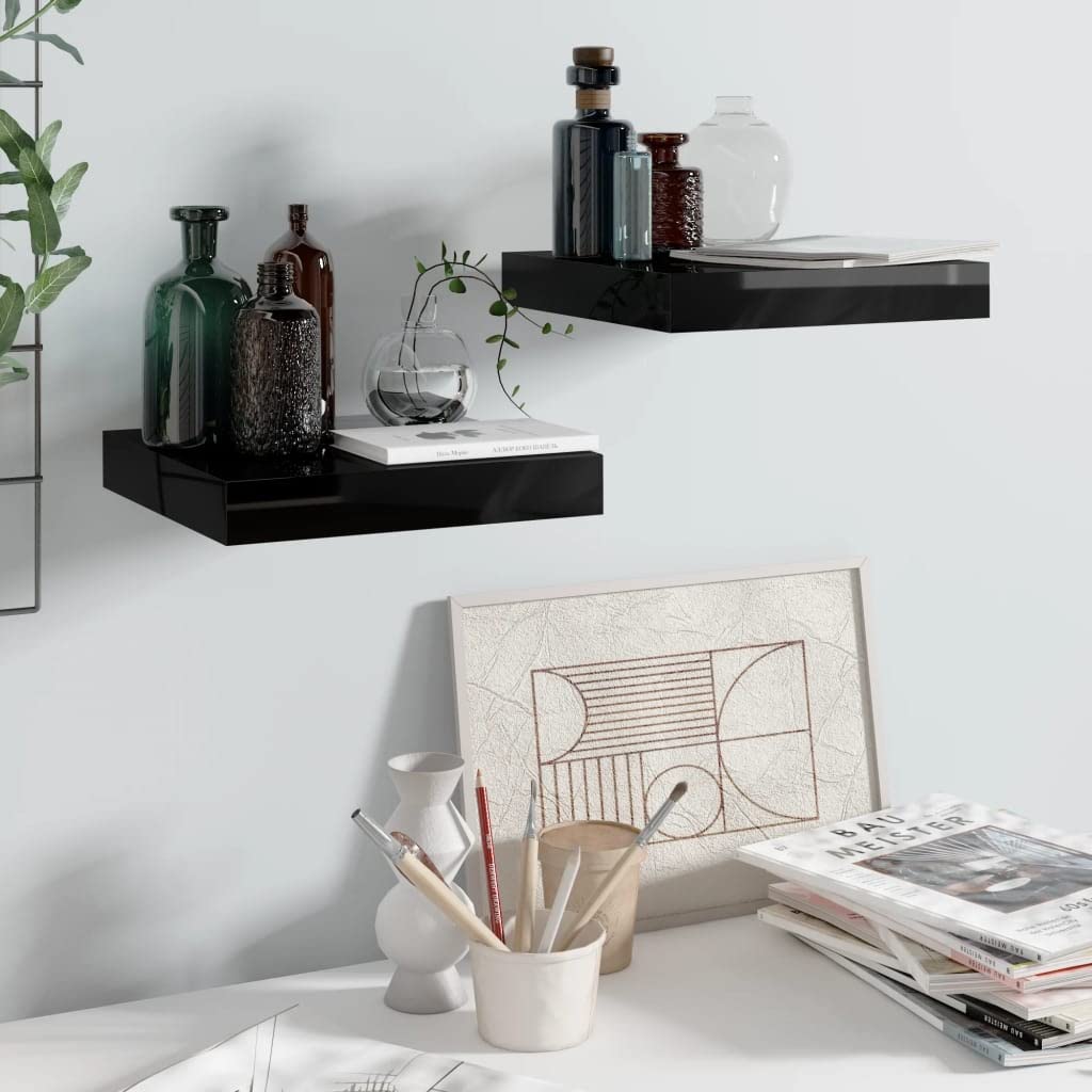 Floating Shelves Set of 2 - High Gloss Black Wall Mounted Display Shelves for Awards, Books, Collectibles, Home Decor (9.1