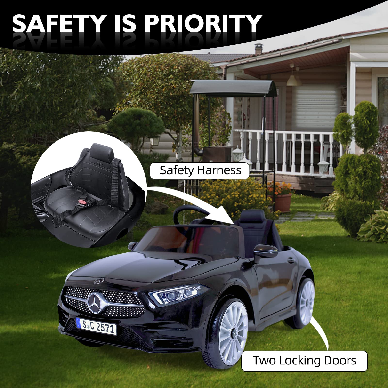 12V Mercedes Benz Licensed Kids Electric Ride On Car with Parent Remote Control - Adjustable Speed, Safety Belt, Music & LED Lights - Battery Powered Toy Vehicle for Boys & Girls (Black) | Perfect for Birthday Gifts, Outdoor Play & Backyard Fun
