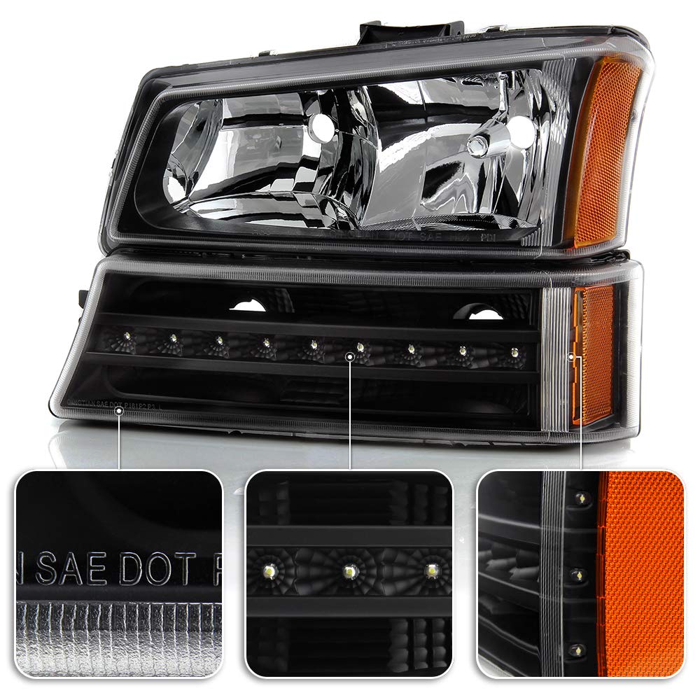 ACANII Black Headlights & LED Bumper Signal Lights Set for 2003-2006 Chevy Silverado 1500/2500/3500 - 4pc Replacement Kit for Improved Night Visibility & Style Upgrade