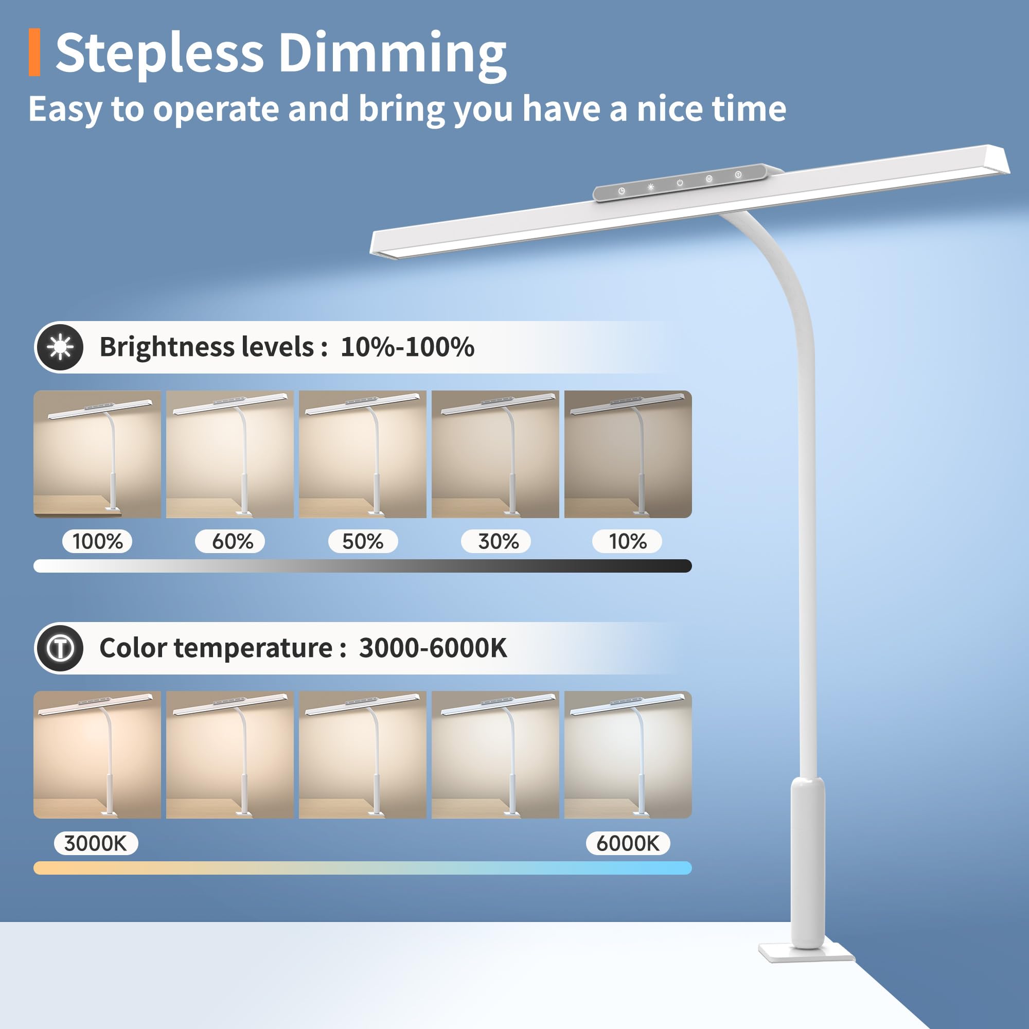 3-Color Stepless Dimming LED Desk Lamp with Clamp & Touch Control - Adjustable Memory Eye-Caring Light for Home Office, Computer Work, Sewing & Reading (White) | Perfect Study & Task Lighting Solution
