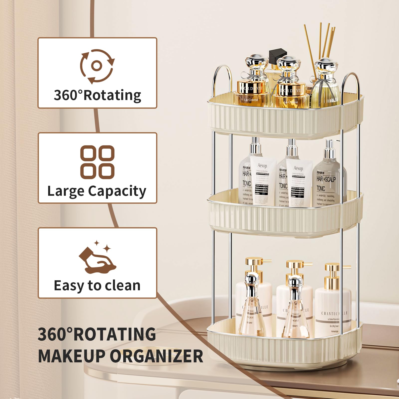 360° Rotating Makeup Organizer - 3-Tier Vanity Tray for Cosmetics & Perfume | Bathroom Countertop Storage