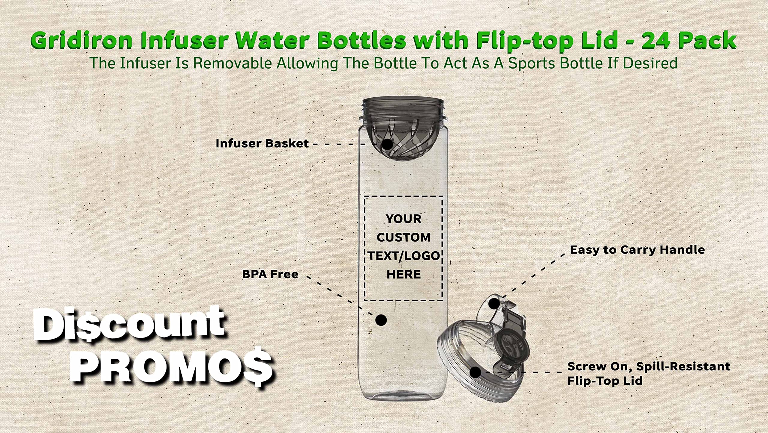 24 Pack Gridiron Infuser Water Bottles Set - 27oz BPA-Free Sports Bottles with Screw-On Flip-Top Lid, Leakproof & Customizable (Text/Logo) - Perfect for Gym, Hiking, Team Sports & Outdoor Activities