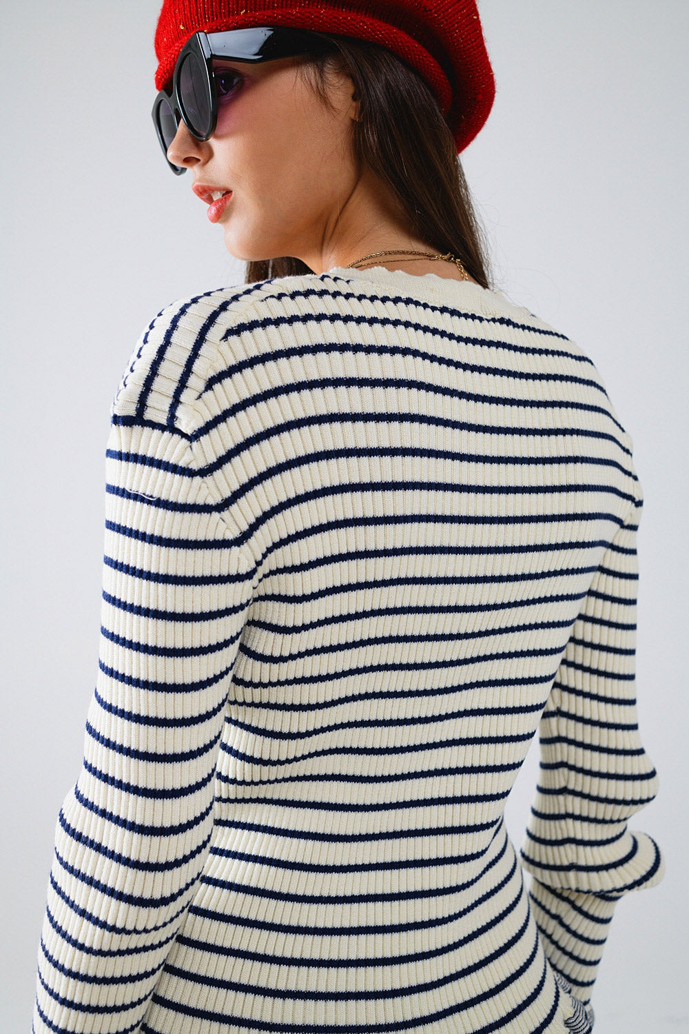 Cream Striped Cardigan with Ruffled Hem - Perfect for Casual Outfits, Office Wear & Cozy Fall Layering