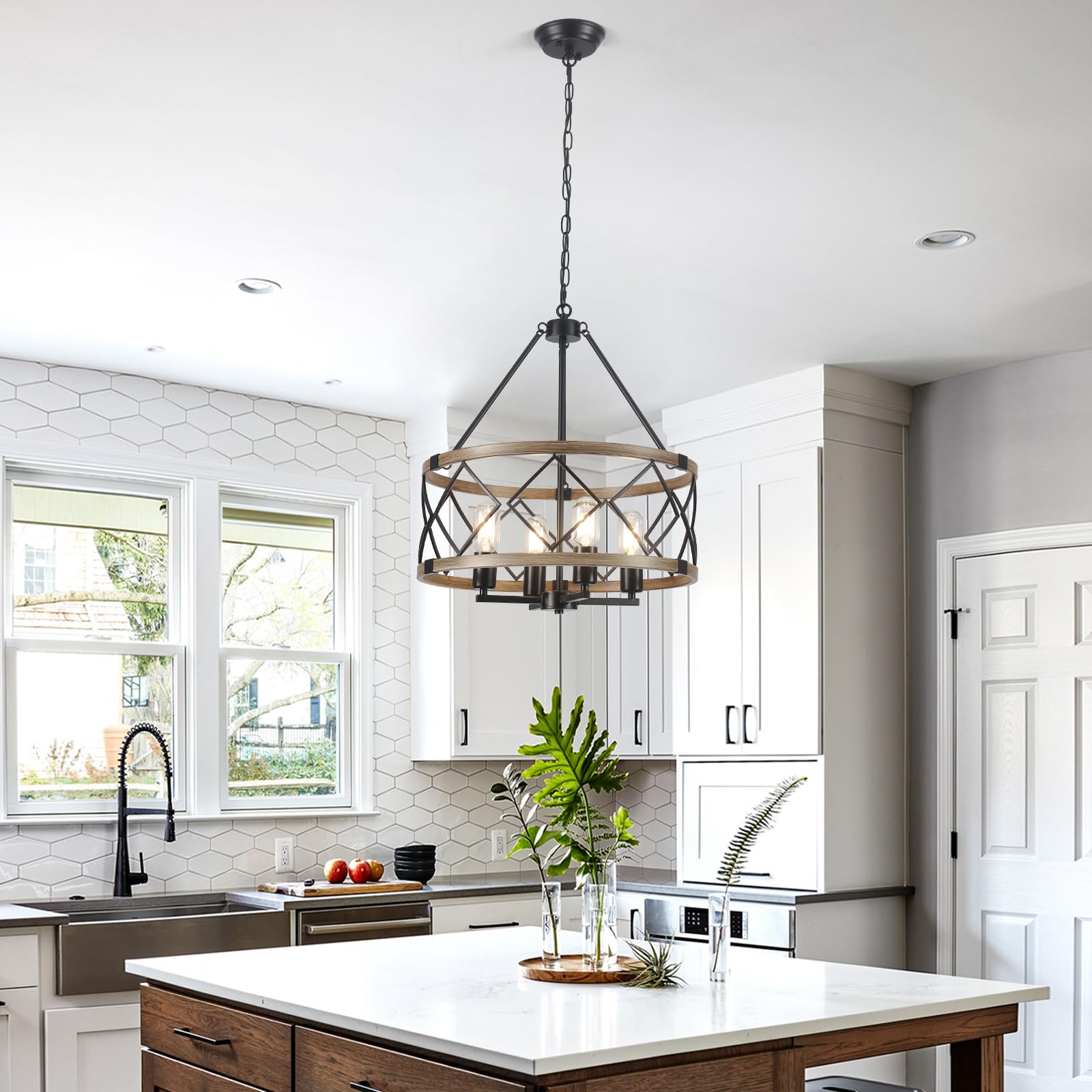 Farmhouse Chandelier 4-Light Rustic Wood Grain Pendant Light - Modern Industrial Dining Room Chandelier for Kitchen Island, Entryway, Foyer & Hallway | E26 Base Metal Fixture | Perfect for Country Homes, Restaurants & Cabin Decor