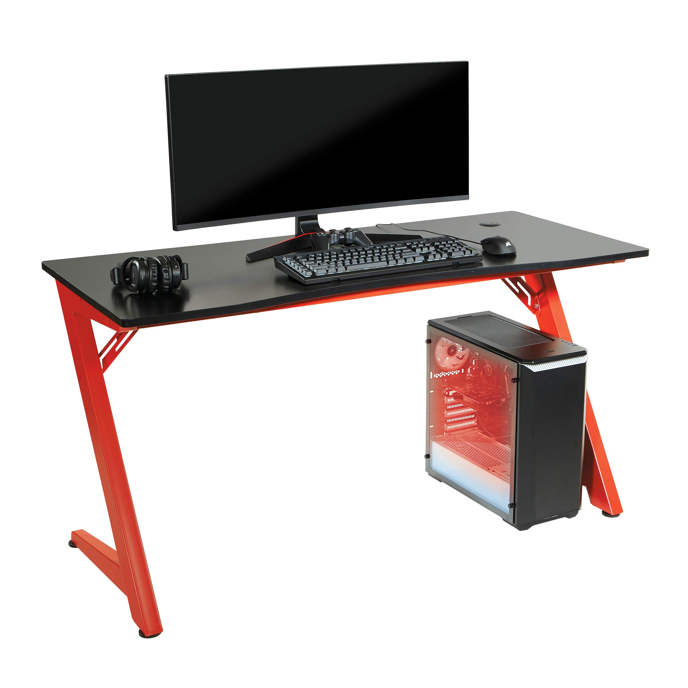 OSP Home Furnishings Beta Battlestation Gaming Desk with Bluetooth RGB LED Lights, Matte Red - Ergonomic Computer Desk for Streaming & Esports - Perfect for Gaming Setup, Home Office & Workstation