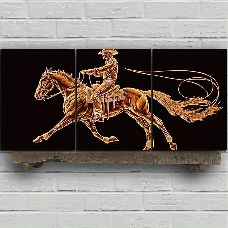 3-Piece Golden Themed Metal Wall Art - Man Riding Horse Painting - Ready to Hang Home Decor for Living Room, Bedroom & Office