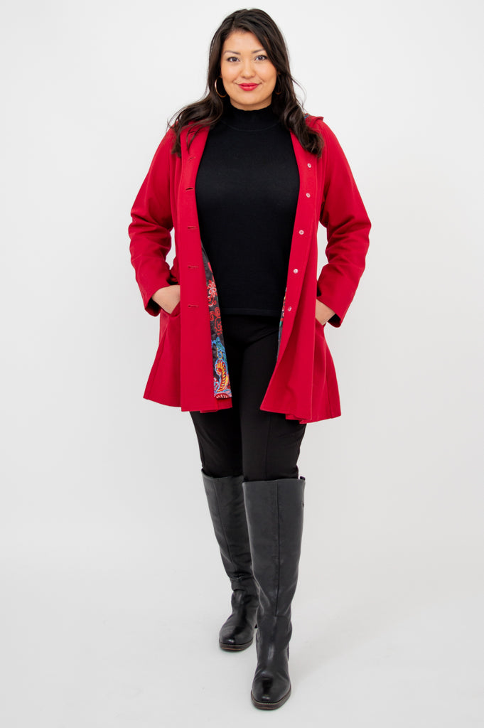 Florence Women's Winter Coat with Faux Fur Collar - Soft Modal Fabric, Elegant Lipstick Red Color - Perfect for Office, Parties & Cold Weather Outfits