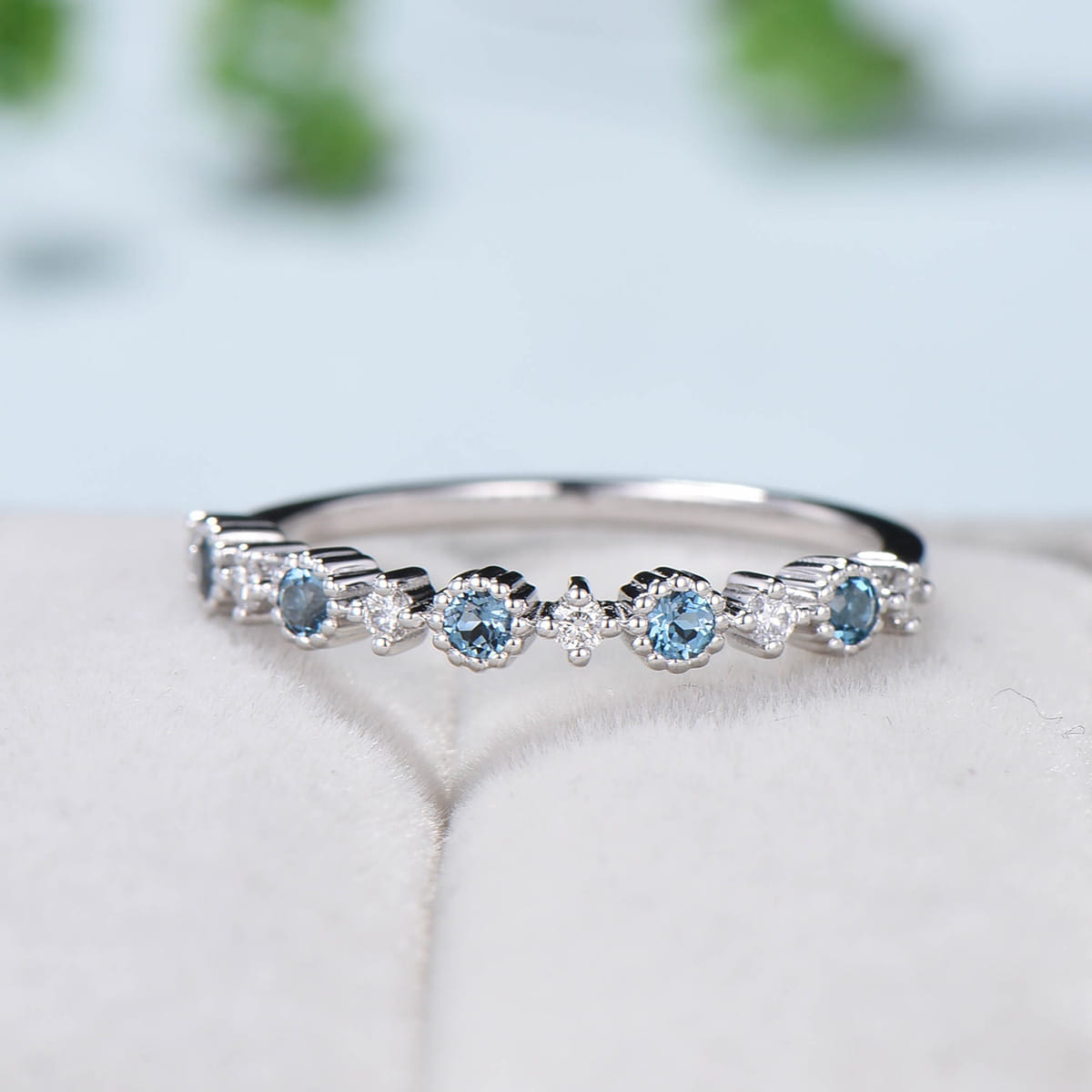 London Blue Topaz Wedding Band - 14K White Gold Half Eternity Ring with Milgrain Detailing | Art Deco Stackable Promise Ring for Women | Perfect for Anniversaries, Engagements & Bridal Jewelry Sets