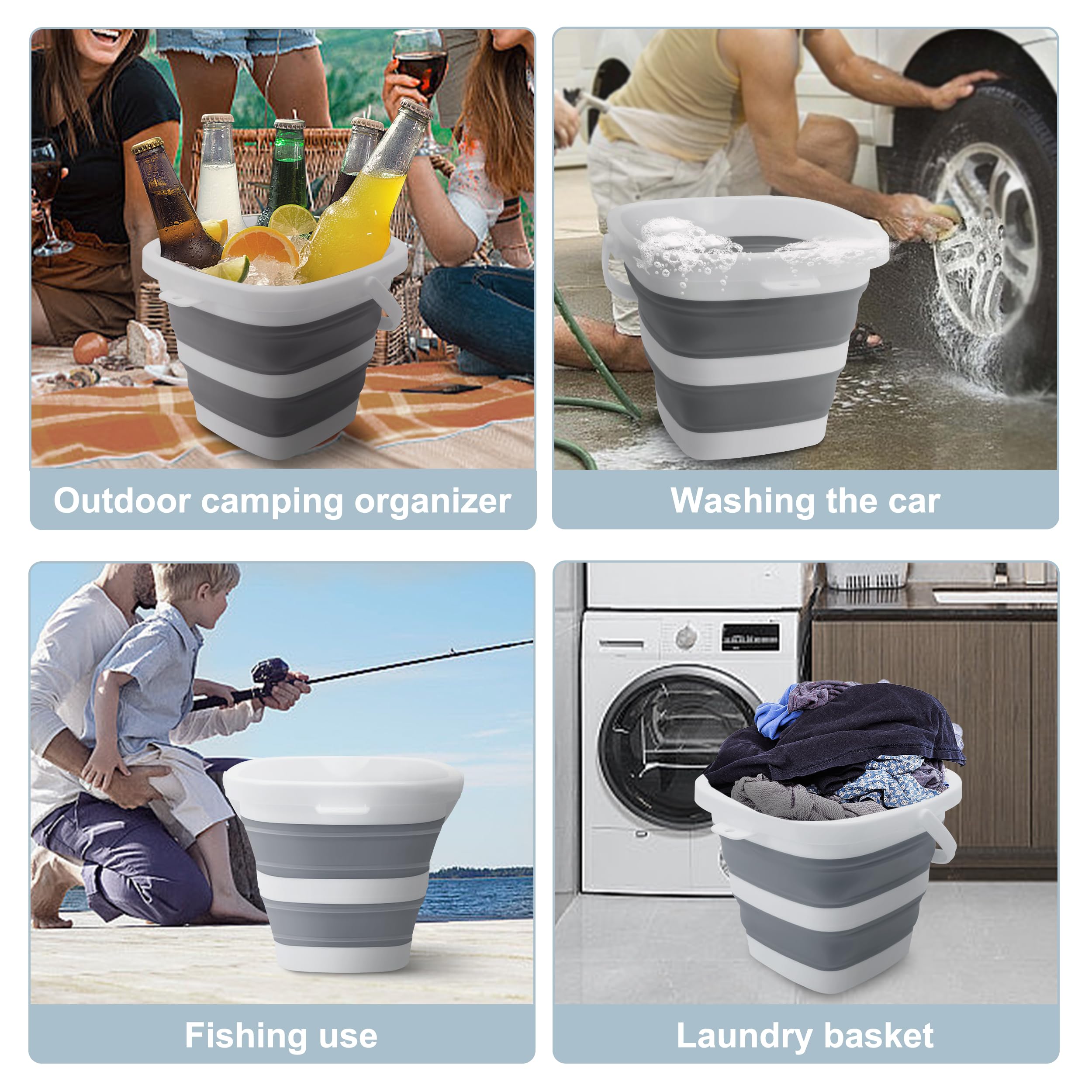 2 Pack Collapsible Bucket 1.4 Gallon (5L) - Foldable Water Container for House Cleaning, Car Wash, Beach, Camping & Fishing | Portable & Lightweight Plastic Pail | Perfect for Outdoor Activities, Travel & Emergency Water Storage (Mini-Grey)