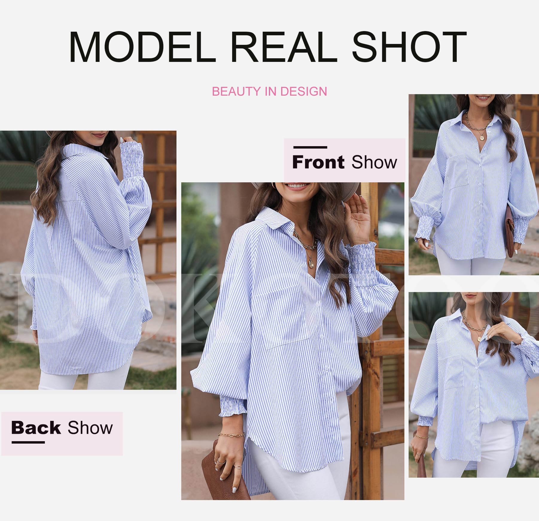 Dokotoo Women's V-Neck Striped Button Down Shirt - Long Sleeve Tunic Top for Work, Office & Casual Outfits | Comfortable & Stylish Blouse for Everyday Wear