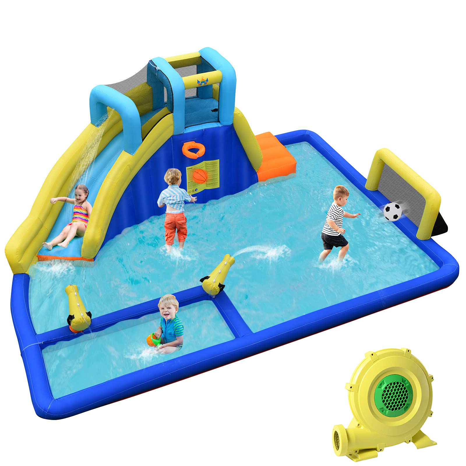 BOUNTECH 7-in-1 Inflatable Water Slide Park with Water Soccer & Splash Pool - 735W High-Power Blower Included - Giant Backyard Water Slides for Kids & Adults - Perfect for Summer Parties, Family Gatherings & Outdoor Fun