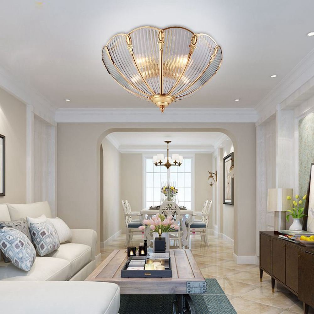 European Style Copper & Glass Ceiling Light - Luxury Chandelier for Bedroom, Living Room, Balcony | B-Large Size | Elegant Home Lighting Fixture with Striated Glass | Perfect for Modern Interior Decor & Ambient Lighting