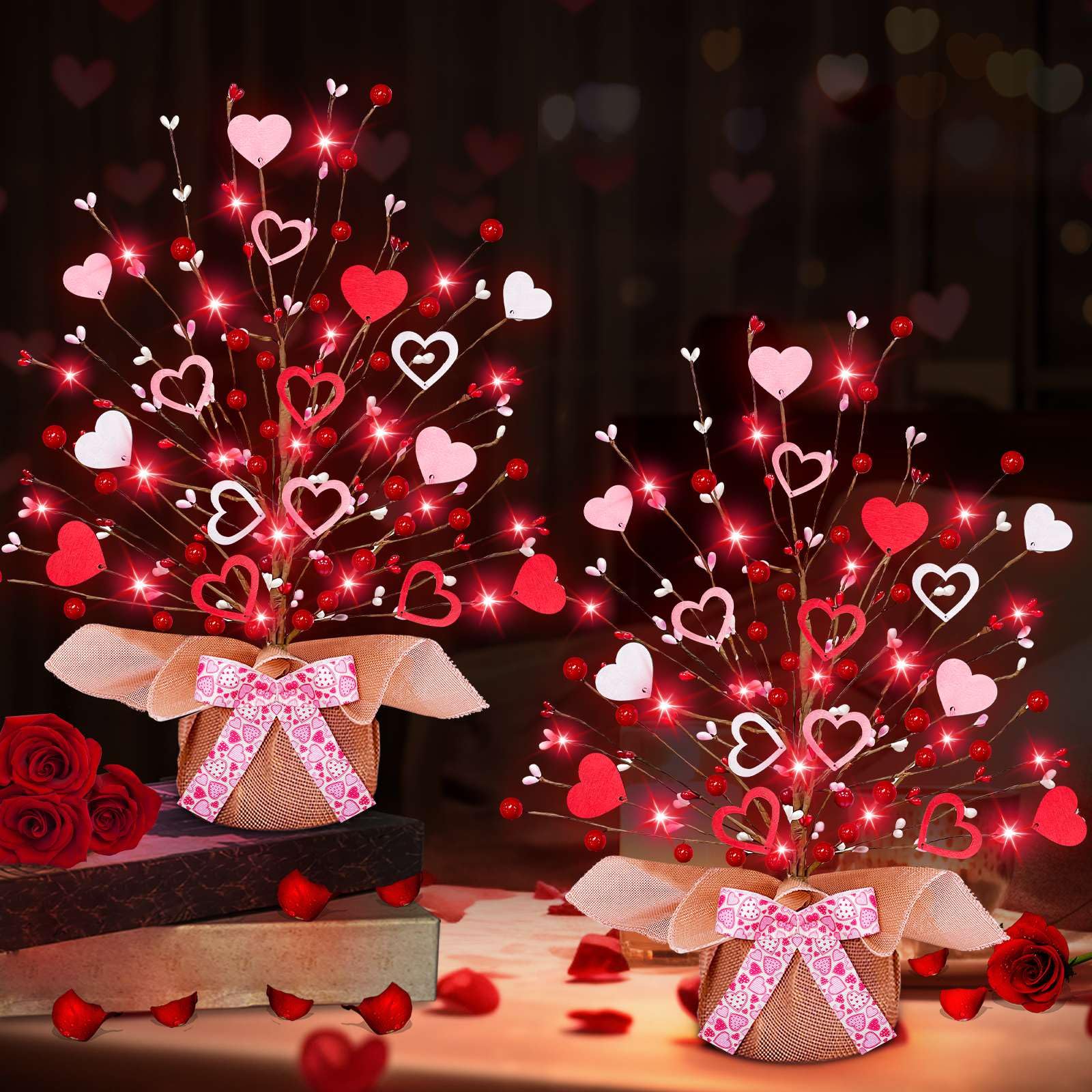 TURNMEON 2 Pack Valentine's Day Tree Table Decor with 20 Red LED Lights (Battery Operated) - 16 Inch Artificial Heart Tree with 14 Red/Pink Hearts & 32 Red Berries - Romantic Home Decor for Bedroom, Wedding, Party & Indoor Festive Decoration