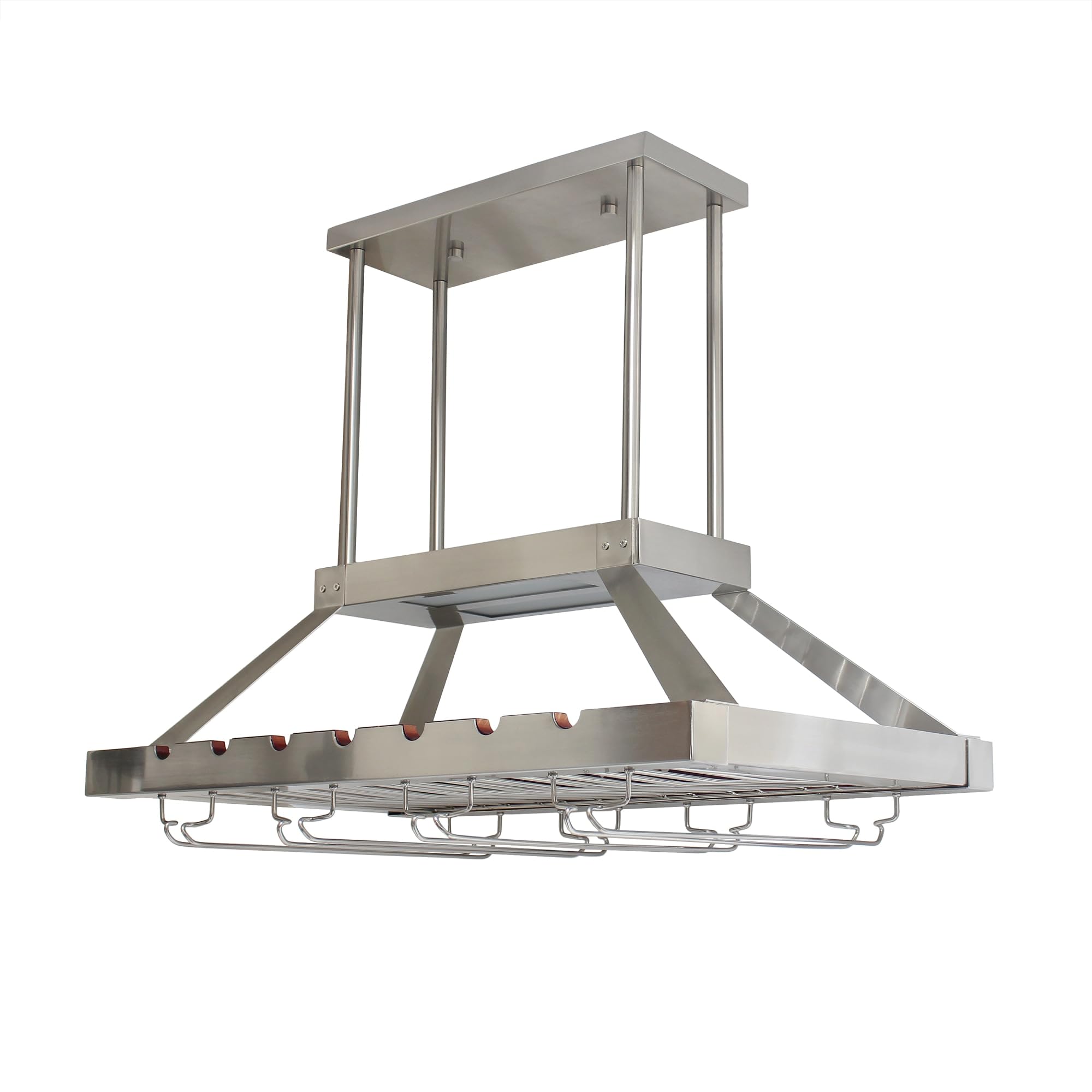 Elegant WR1000-BSN Brushed Nickel LED Pendant Light with Wine Rack - Modern Kitchen Island Hanging Chandelier for Bottle & Glass Storage Display - Perfect for Dining Room, Bar, and Restaurant Decor