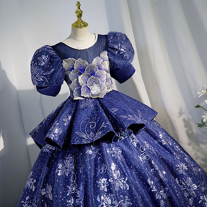 Royal Blue Sequined Flower Girl Dress with Puff Sleeves - Elegant Princess Party Dress for Weddings, Pageants & Special Occasions