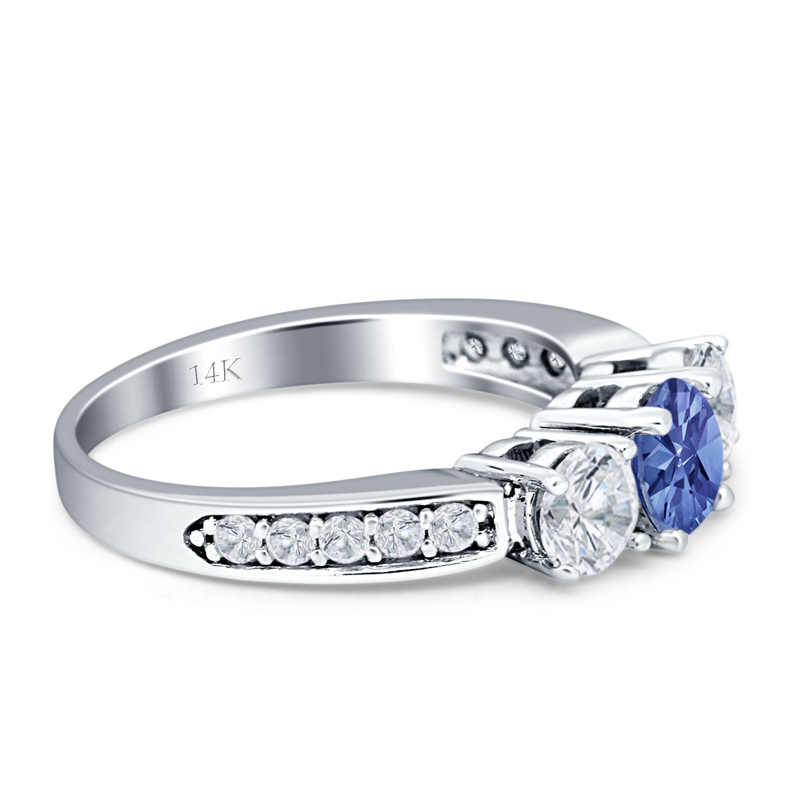 14K Yellow Gold Three Stone Round Tanzanite CZ Ring for Women - Elegant Cubic Zirconia Engagement & Wedding Jewelry Gift - Perfect for Anniversaries, Proposals & Special Occasions