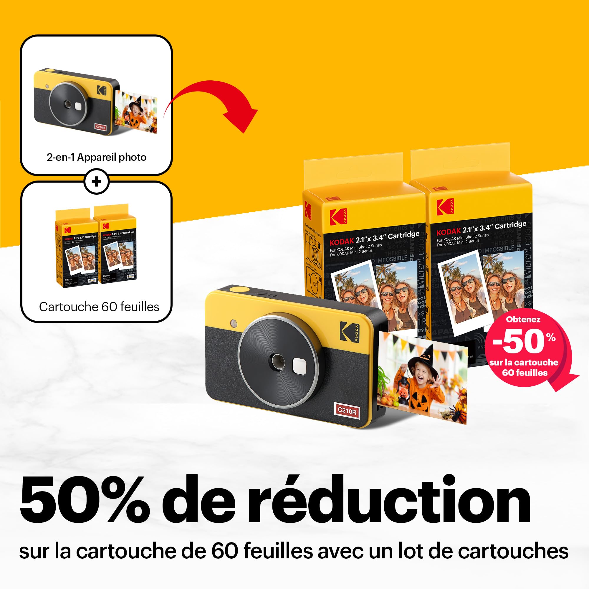 KODAK Mini Shot 2 Retro 4PASS 2-in-1 Instant Camera & Photo Printer (5.4 x 8.6 cm) with 8 Sheets - Yellow | Portable Instant Camera for Travel, Parties & DIY Photo Gifts