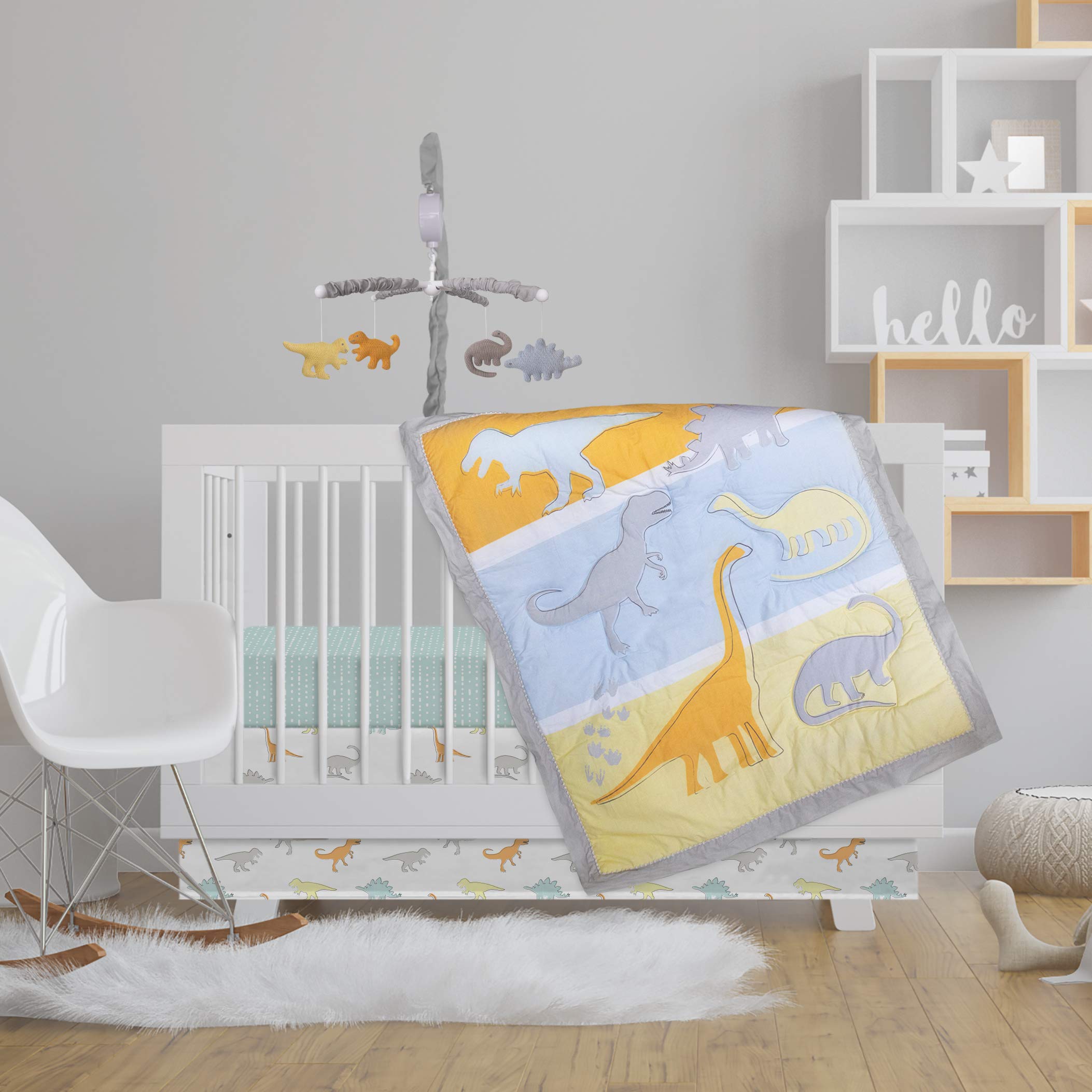 Dino Land 4-Piece Baby Crib Bedding Set - Soft Quilt, 2 Fitted Sheets & Bed Skirt | Perfect Nursery Decor for Boys & Girls | Safe & Comfortable for Newborns & Toddlers
