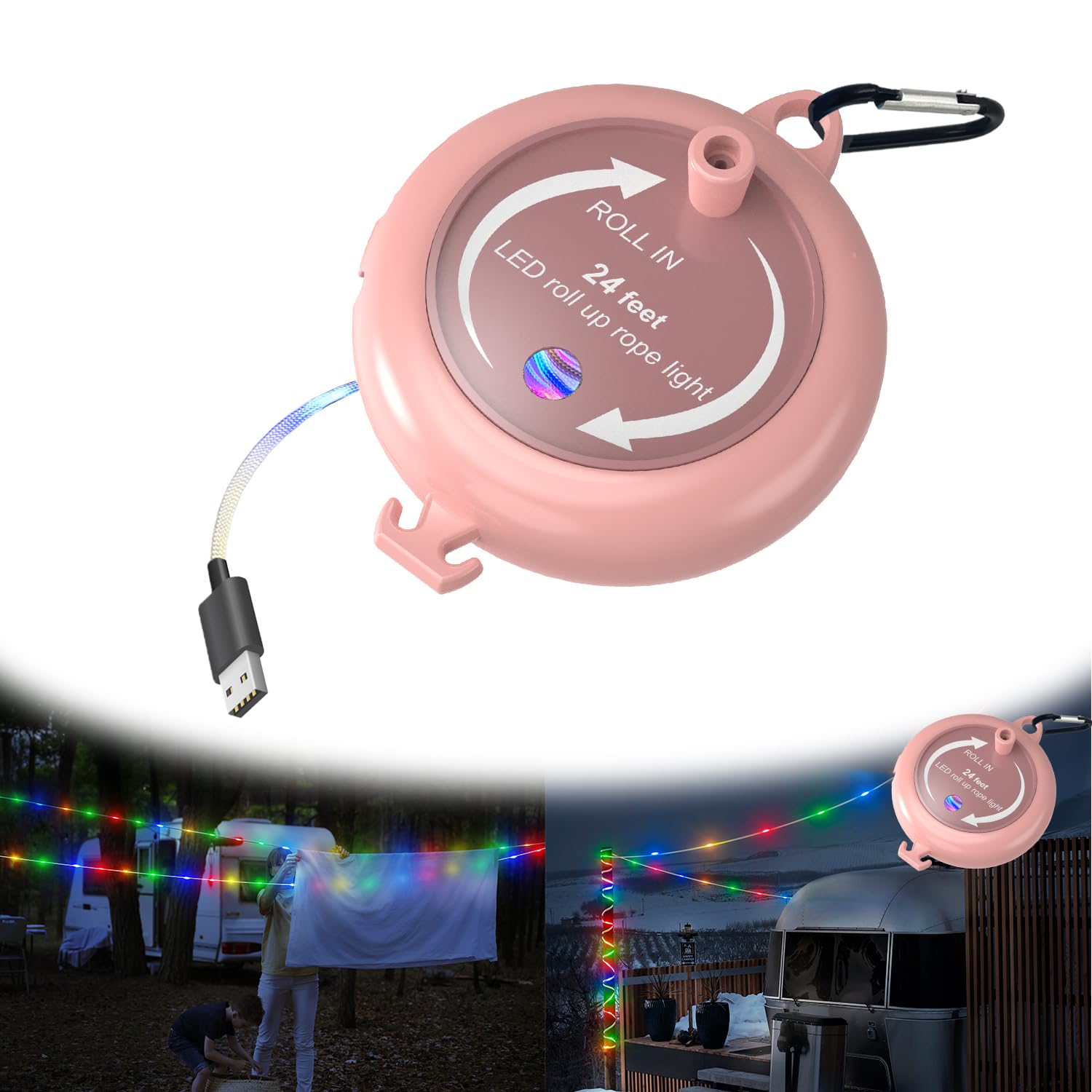 **24ft Waterproof USB/Battery Powered Camping Rope Lights with Hooks & Storage Bag - Outdoor String Lights for RV Awnings, Bicycle, Home Party, Garden, Patio - Perfect Camping Gifts for Women & Men**    *(Use Scenes: Illuminate your camping tent, RV awning, backyard patio, garden parties, bicycle rides, or holiday decorations with these versatile waterproof rope lights.)*