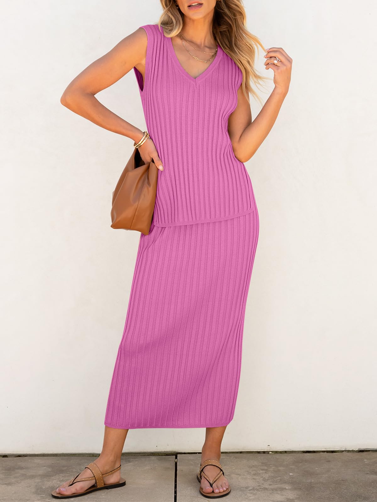 Women's 2 Piece Outfits Summer Sweater Skirt Sets - Casual Sleeveless V Neck Ribbed Vest & Knit Tops with Midi Dress | Perfect for Beach Vacation, Date Night & Office Wear