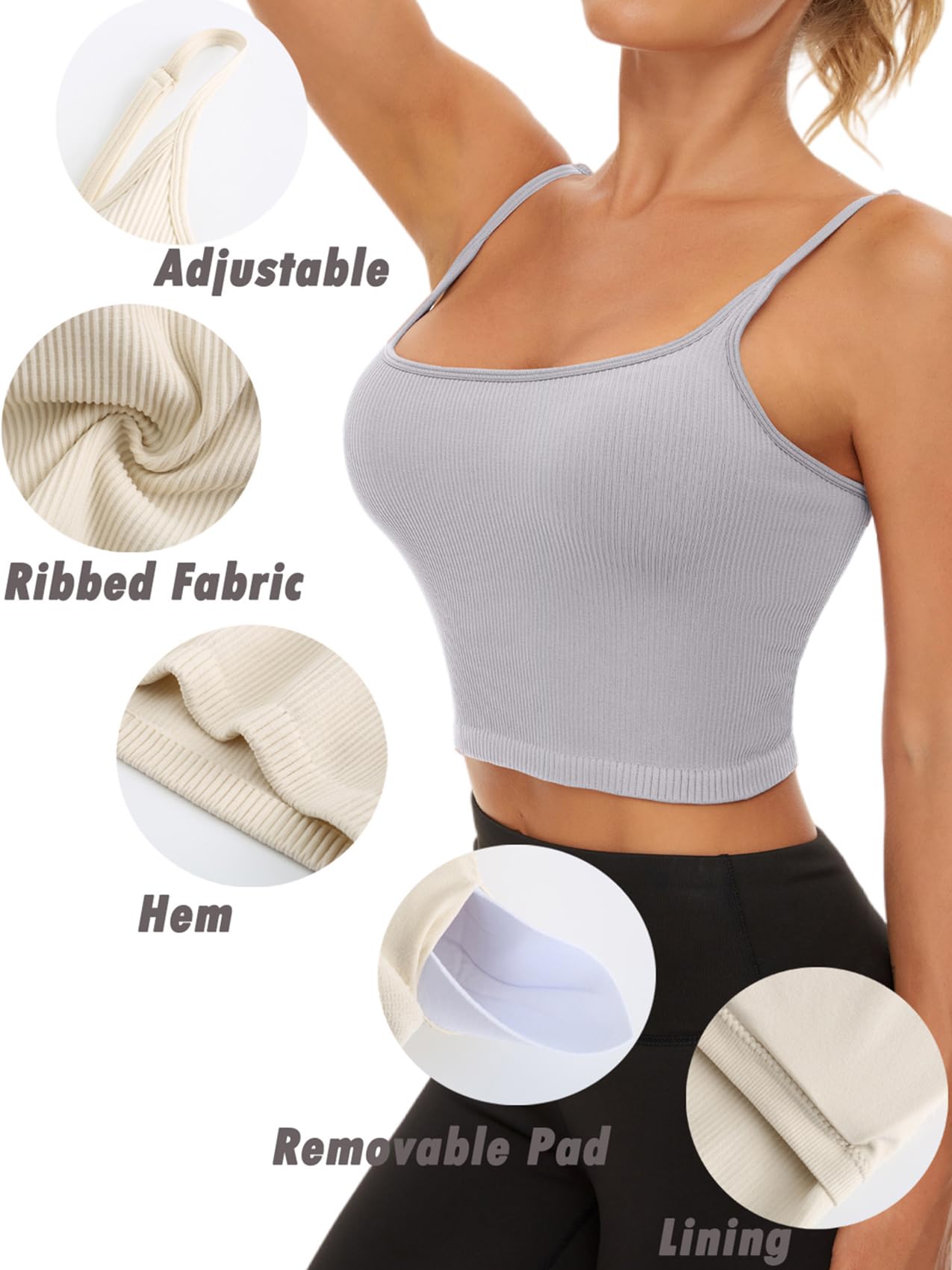 Chilylori Seamless Sports Bra & Cropped Tank Top for Women - Adjustable Straps, Ribbed Workout Tops, 2 Pack | Yoga, Gym, Running & Fitness