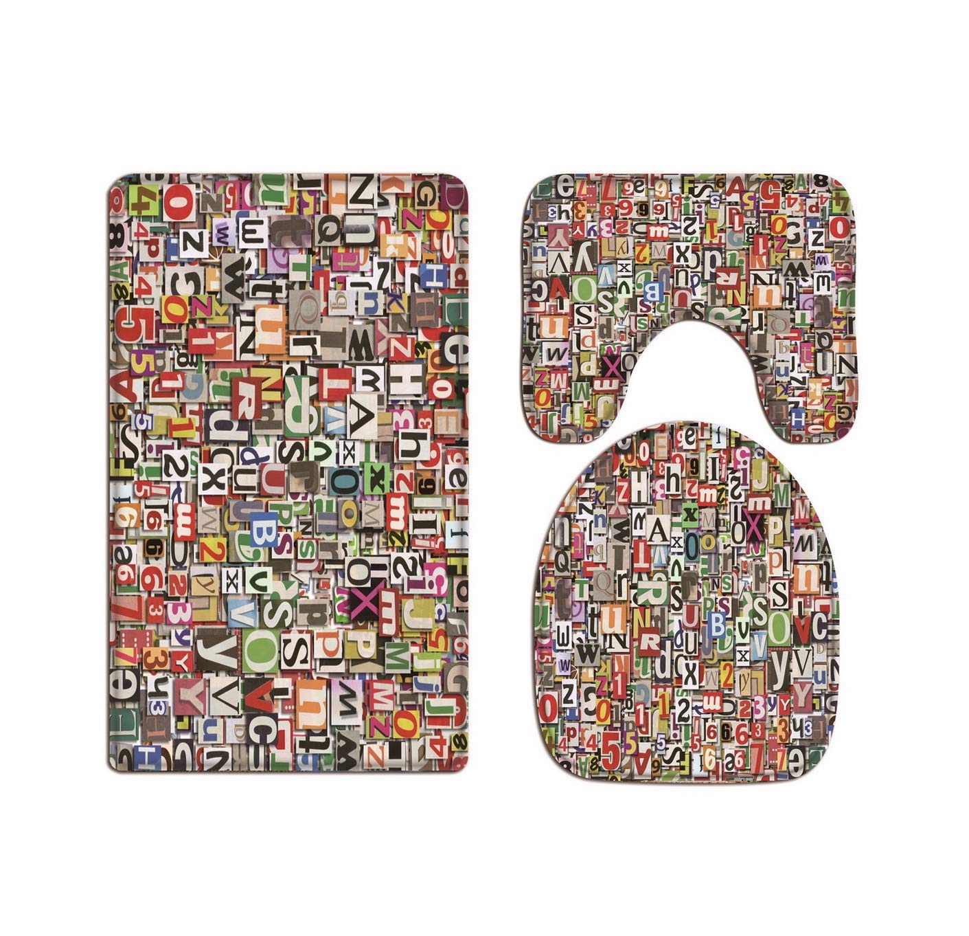 Stylish Flannel Washable Toilet Seat Cover Set - Non-Slip Bath Mat & Cushion Pad - Digital Numbers & English Letters Collage Design - Perfect for Modern Bathroom Decor & Home Accessories