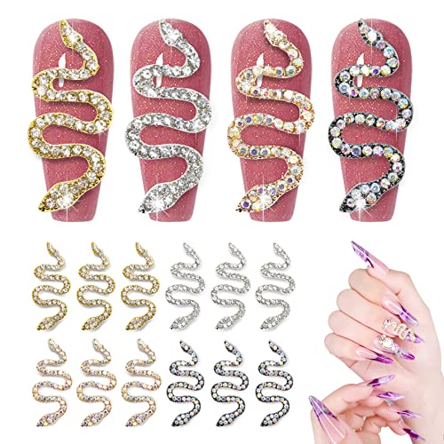 12Pcs 3D Snake Shape Nail Charms with Rhinestones - Vintage Nail Art Metal & Diamond Decorations for DIY Manicure - 4 Color Options - Perfect for Halloween, Gothic Nail Art & Party Nail Designs