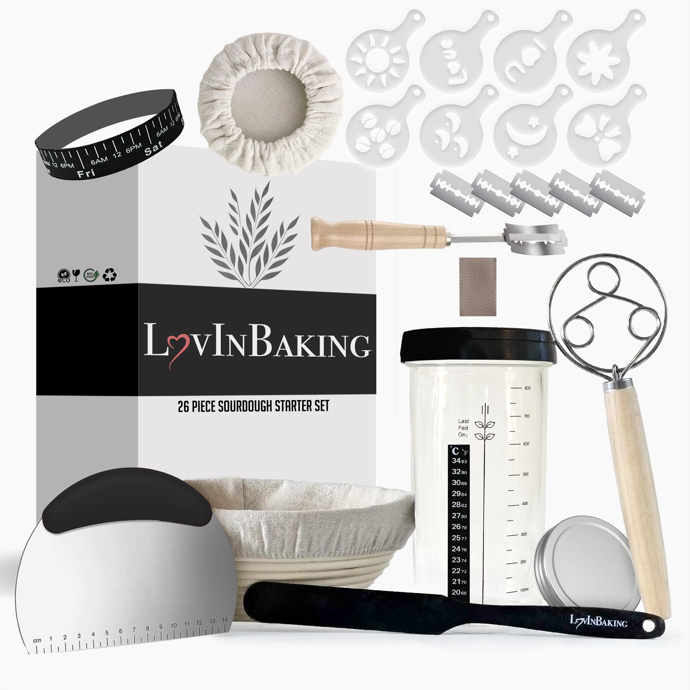 LovInBaking Sourdough Starter Kit - Complete Bread Making Set with Proofing Basket, Danish Whisk, Bread Lame, Glass Jar & Baking Tools for Homemade Artisan Sourdough Bread | Perfect for Beginners & Home Bakers