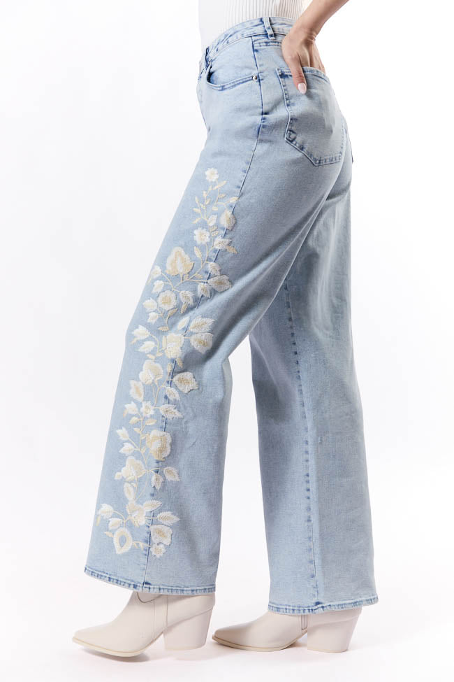 Daisy Light Wash Floral Embroidered Wide Leg Jeans for Women - High Waisted Comfort Denim Pants - Perfect for Casual Outfits, Spring Fashion & Boho Style