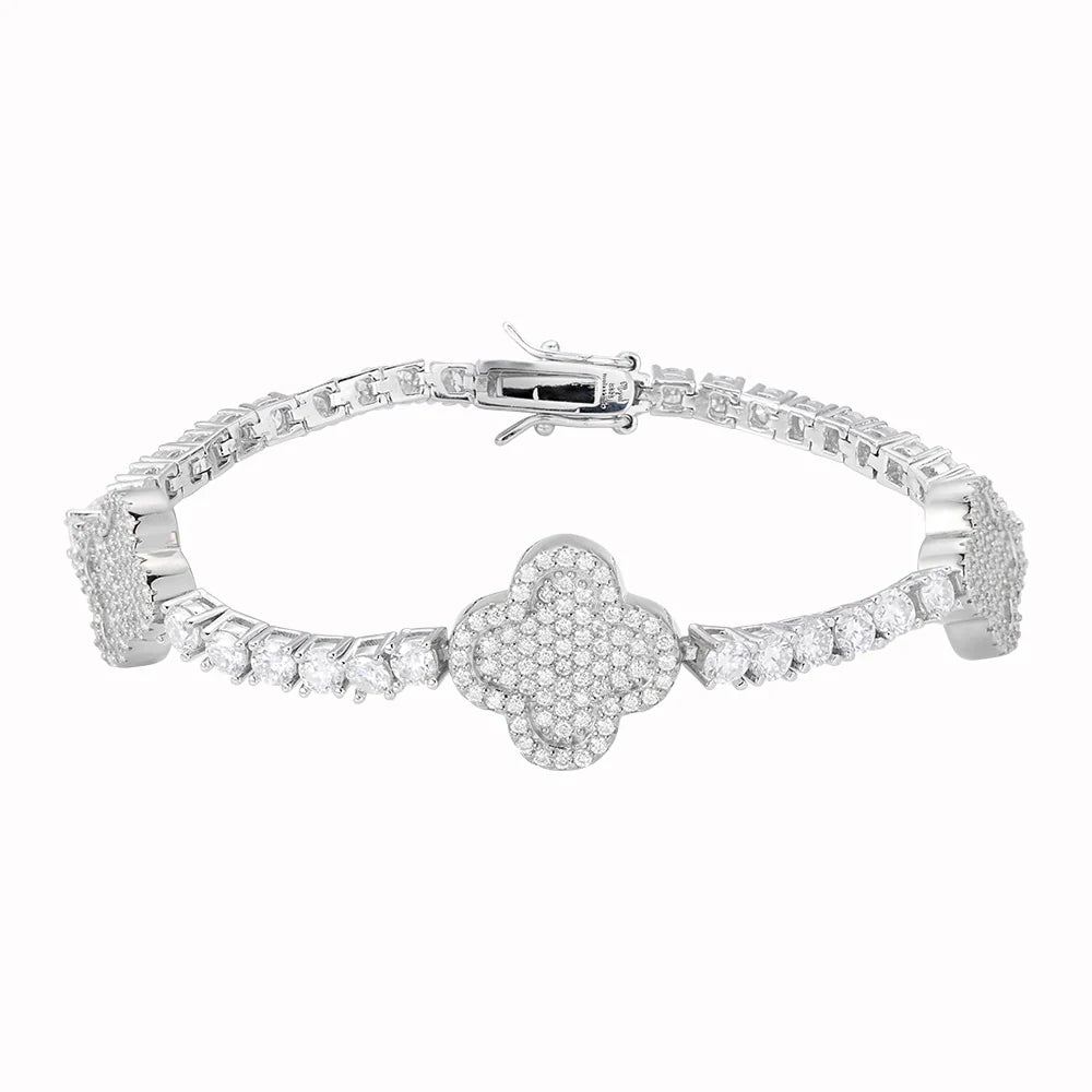 3mm Moissanite Tennis Clover Link Bracelet in Sterling Silver 925 - Elegant Jewelry for Women, Perfect for Weddings, Anniversaries & Everyday Wear