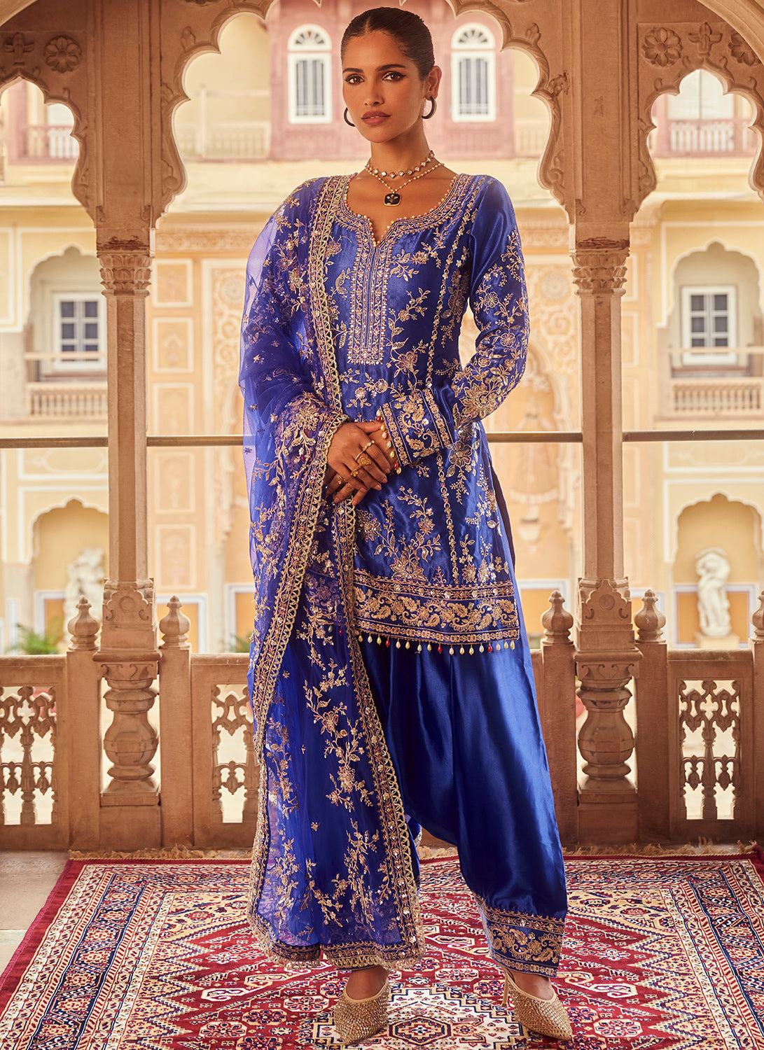 Royal Blue Embroidered Satin Punjabi Suit for Women | Traditional Indian Ethnic Wear | Perfect for Weddings, Festivals & Special Occasions