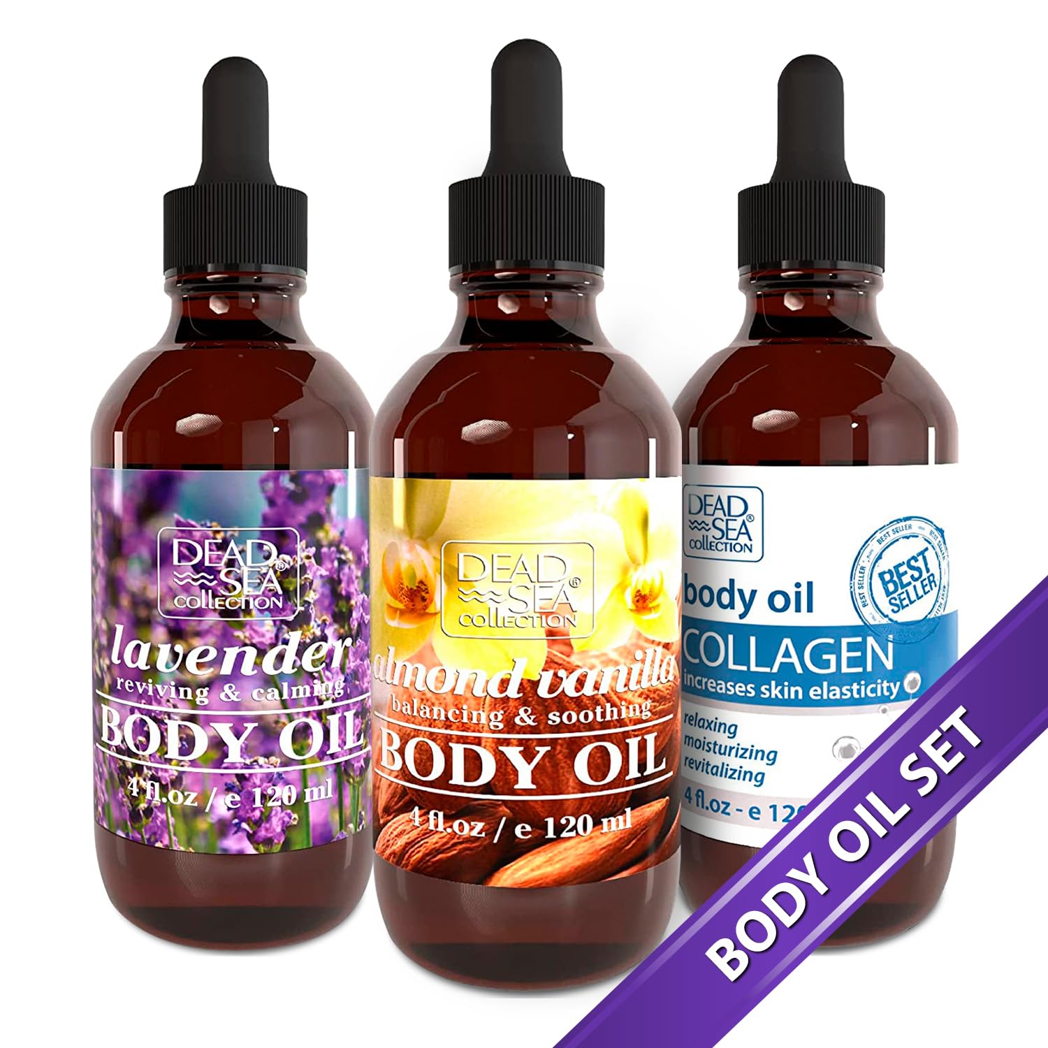 Dead Sea Collection Body Oil Set - Almond Vanilla, Collagen & Lavender Oil Trio for Hydration & Skin Rejuvenation | Perfect for Spa Day, Massage Therapy & Daily Moisturizing