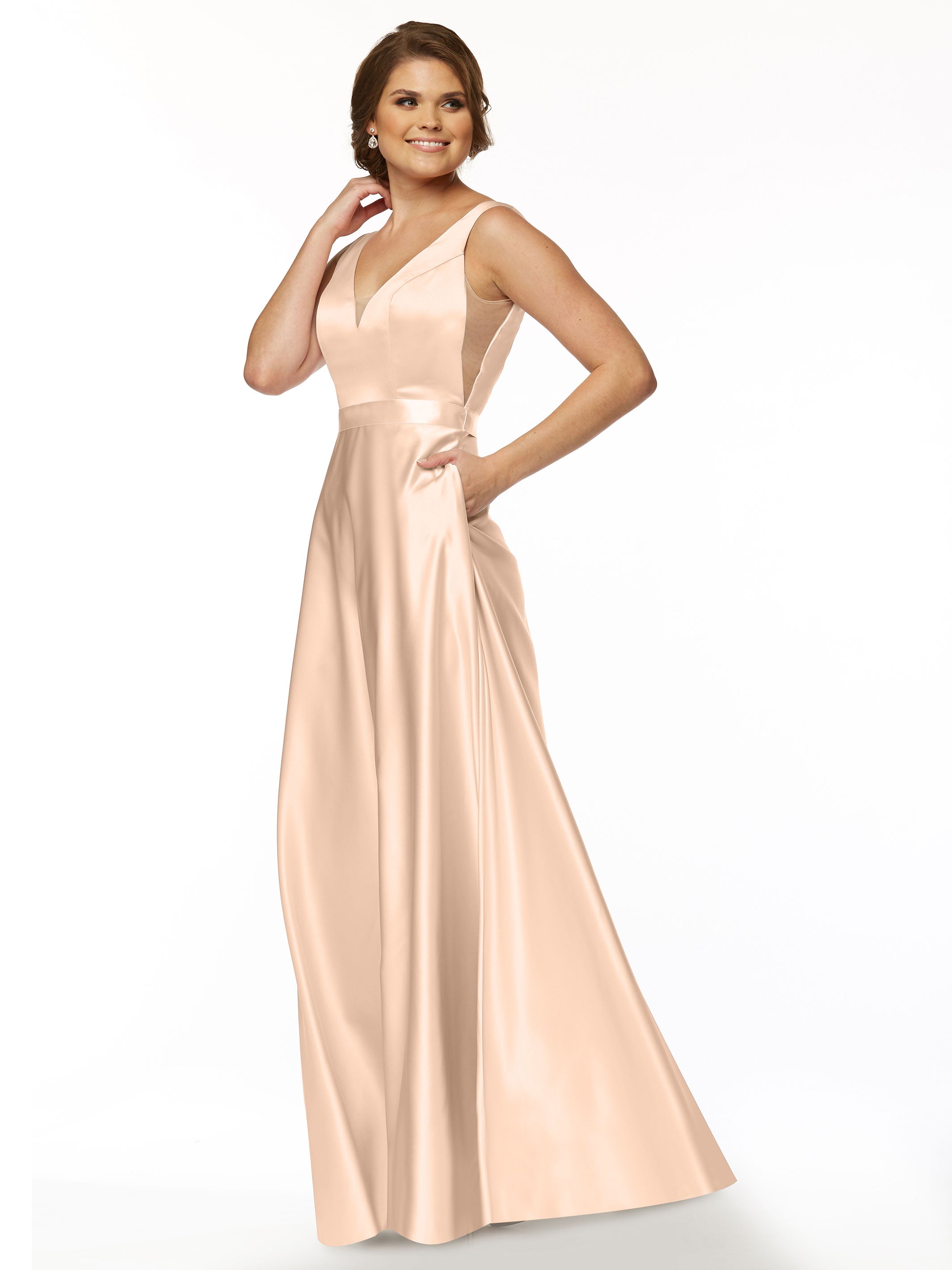 Elegant 80118 Satin A-Line Bridesmaid Dress with V-Neck & Waist Sash - Perfect for Weddings, Formal Events & Special Occasions