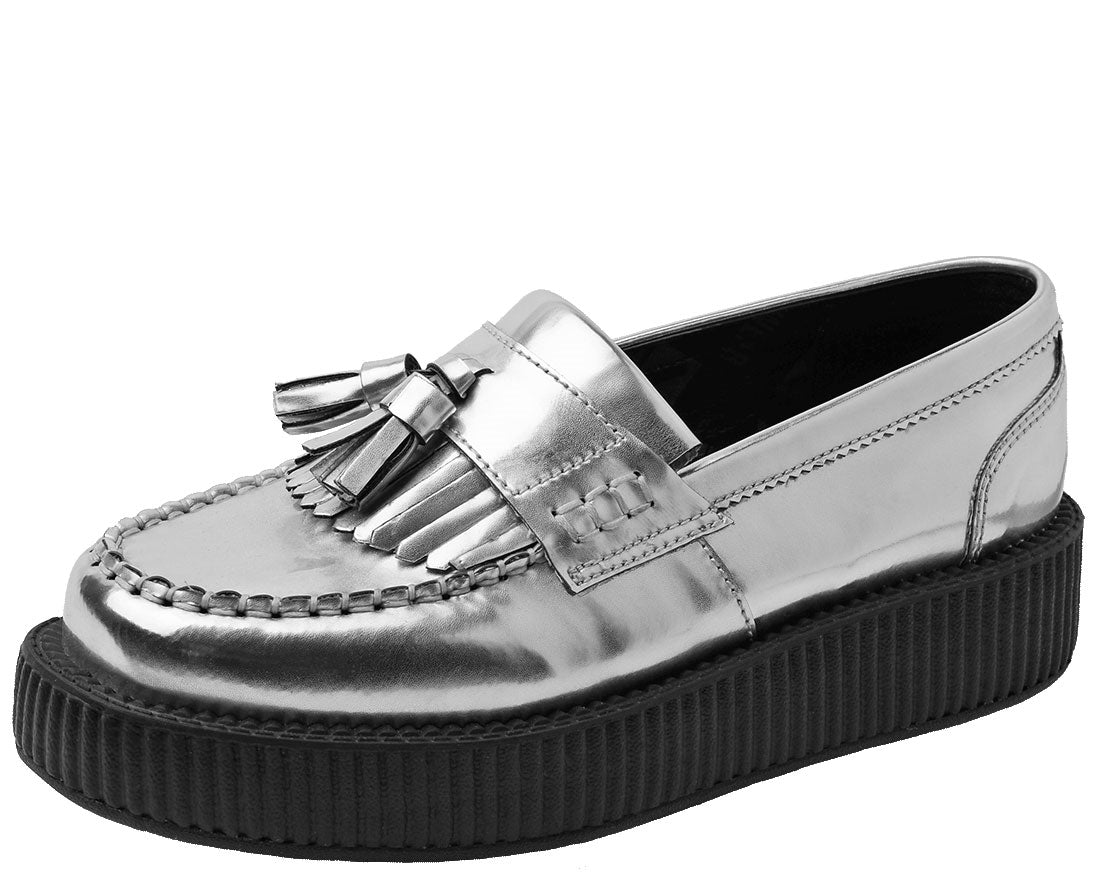 T.U.K Metallic Silver Loafer Viva Low Creeper Shoes for Women - Punk Rock Vintage Style Slip-Ons for Casual Wear & Stage Performances