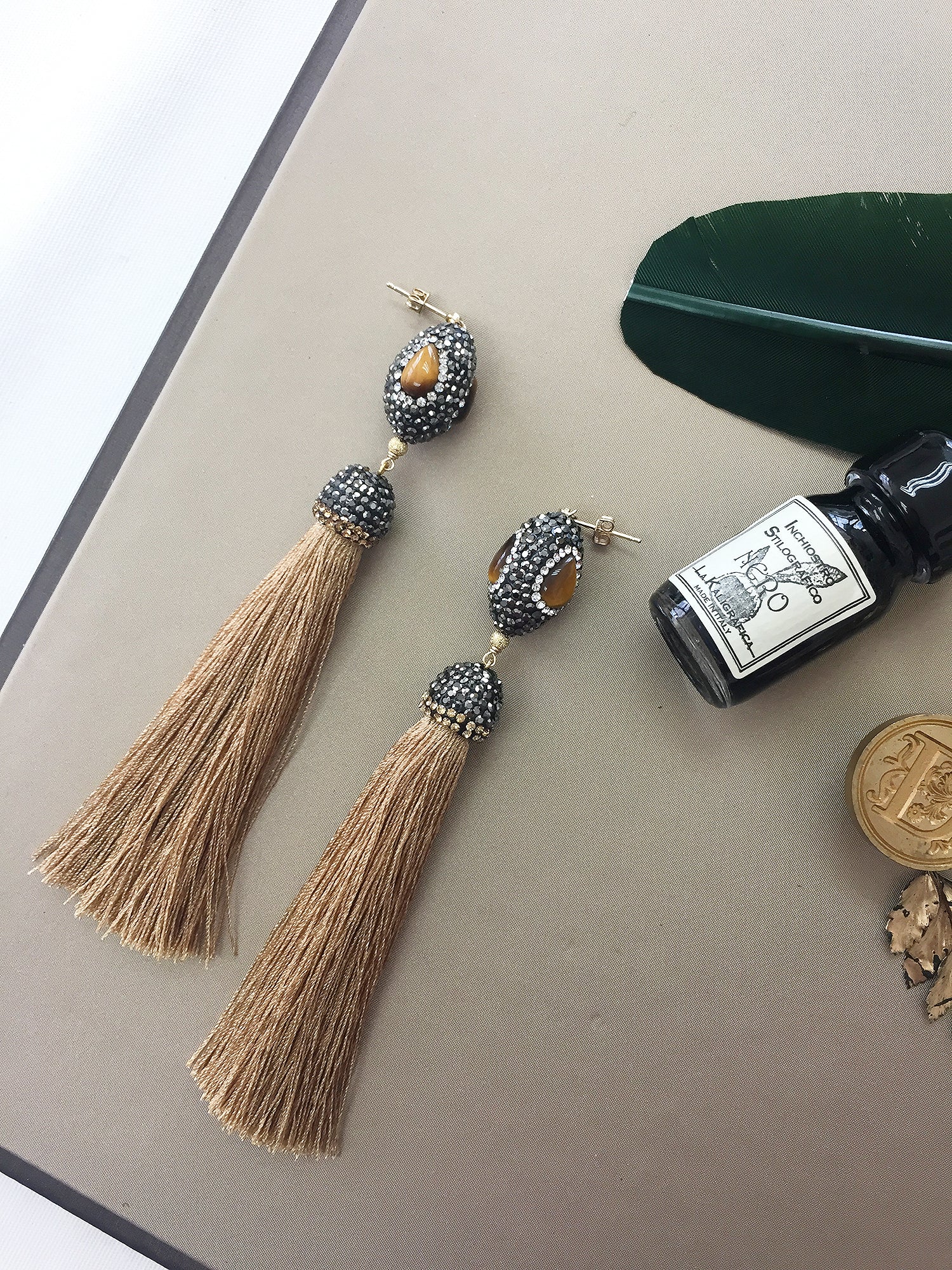 Tiger Eye Rhinestone Pendant with Brown Tassel - RE008 - Elegant Jewelry for Women, Perfect for Parties, Weddings & Special Occasions