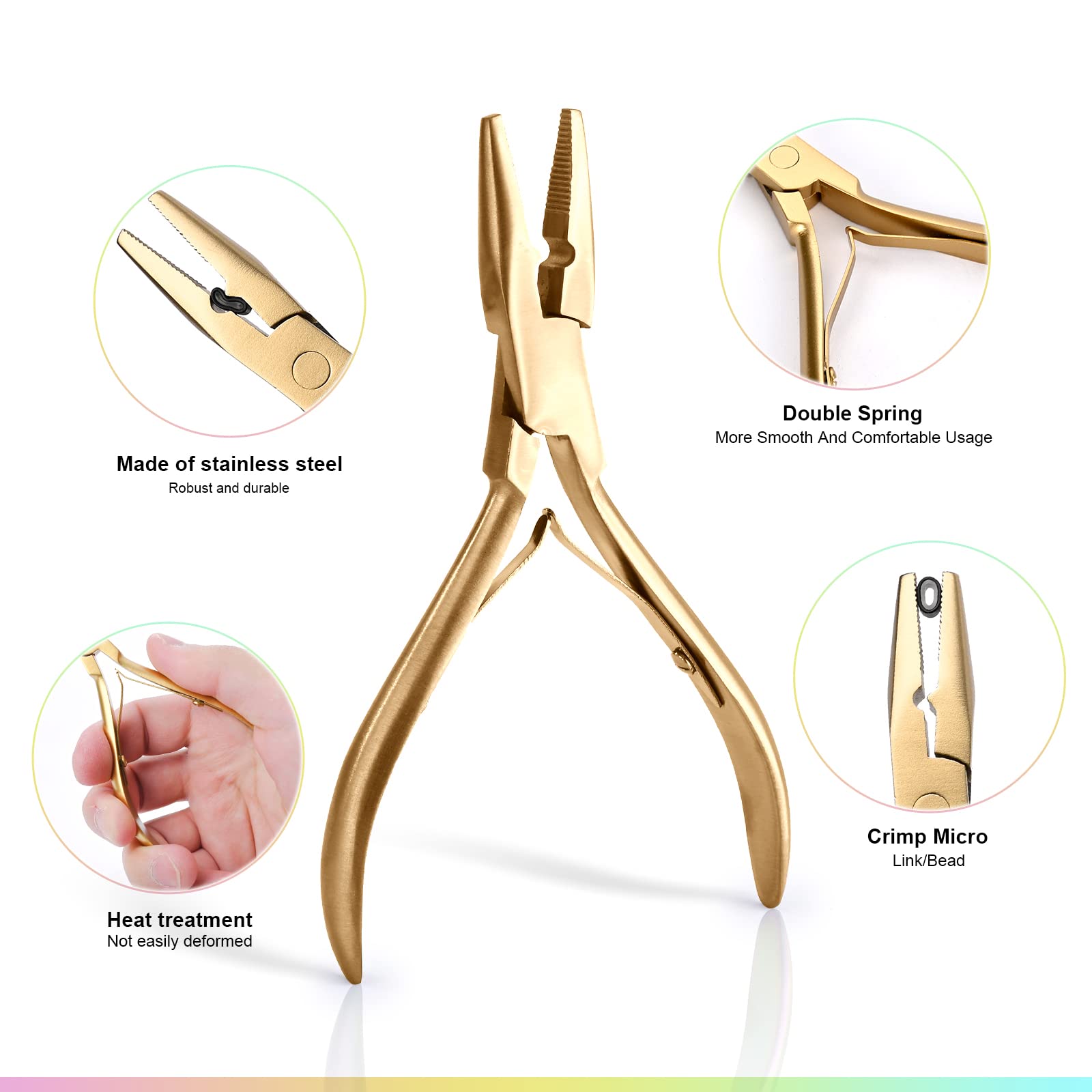 **EHDIS Professional Hair Extension Beading Tool Kit - Stainless Steel Micro Link Bead Closer & Remover Pliers Set with Hair Pulling Hook & Micro Ring Loop Tool (Gold) - Perfect for Salon Styling & DIY Hair Extensions**