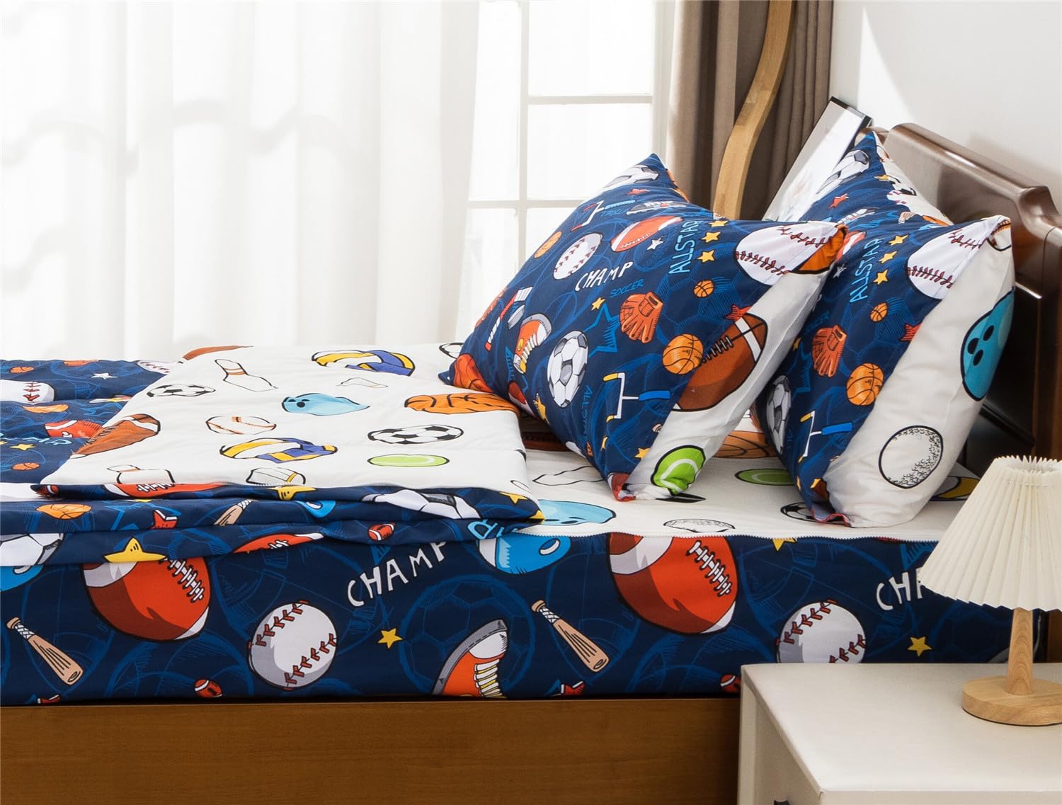 3-Piece Kids Comforter Set with Zipper - Twin Sports Bedding for Boys (Basketball, Football, Baseball Theme) - Navy Blue All-in-One Zippered Bedding Set - Perfect for Kids' Rooms, Dormitories & Sleepovers