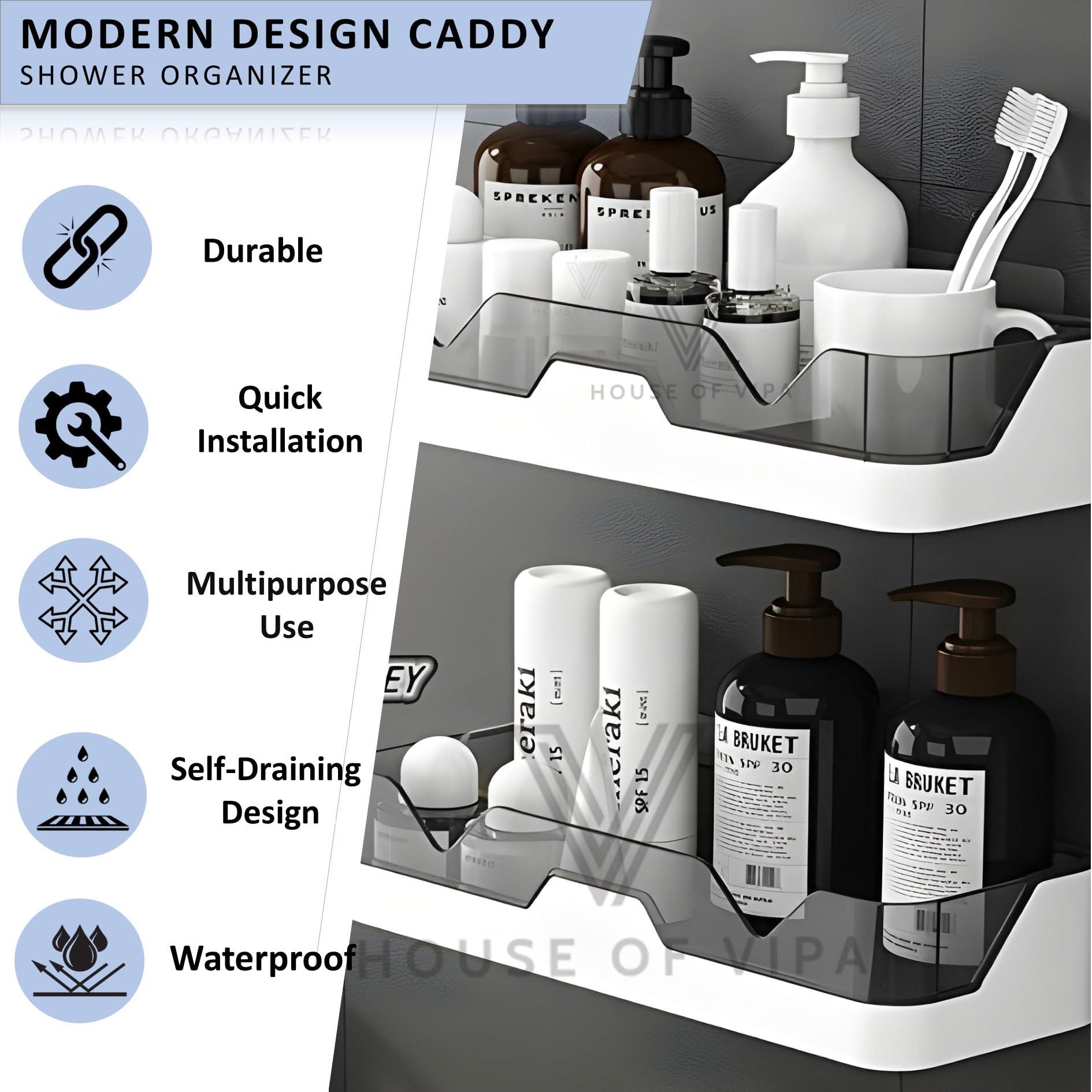 VIPA Plastic Bathroom Shelf Organizer - Wall Mounted Storage Rack for Home Bathroom