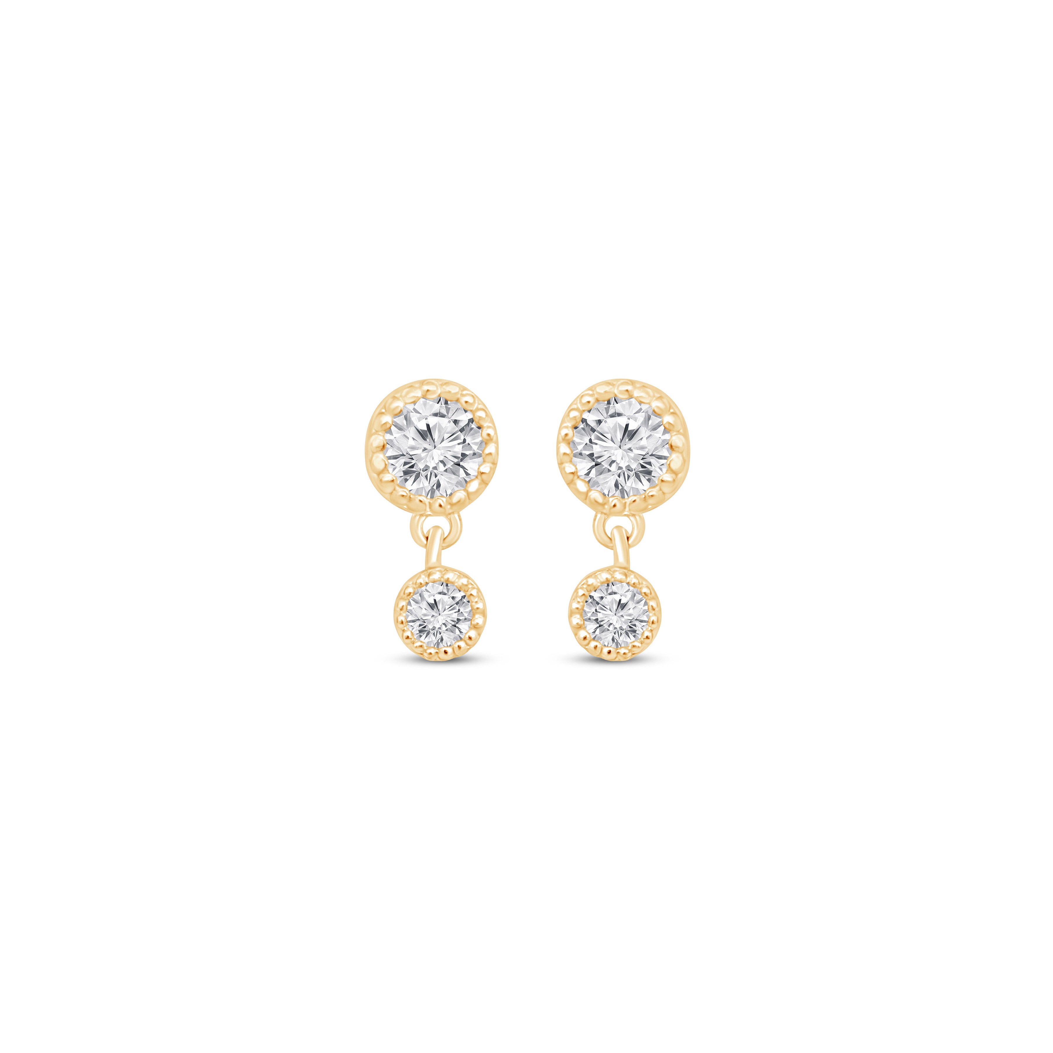 14K Solid Yellow Gold Double Diamond Drop Flat Back Stud Earrings for Women - Perfect for Everyday Wear, Parties & Special Occasions