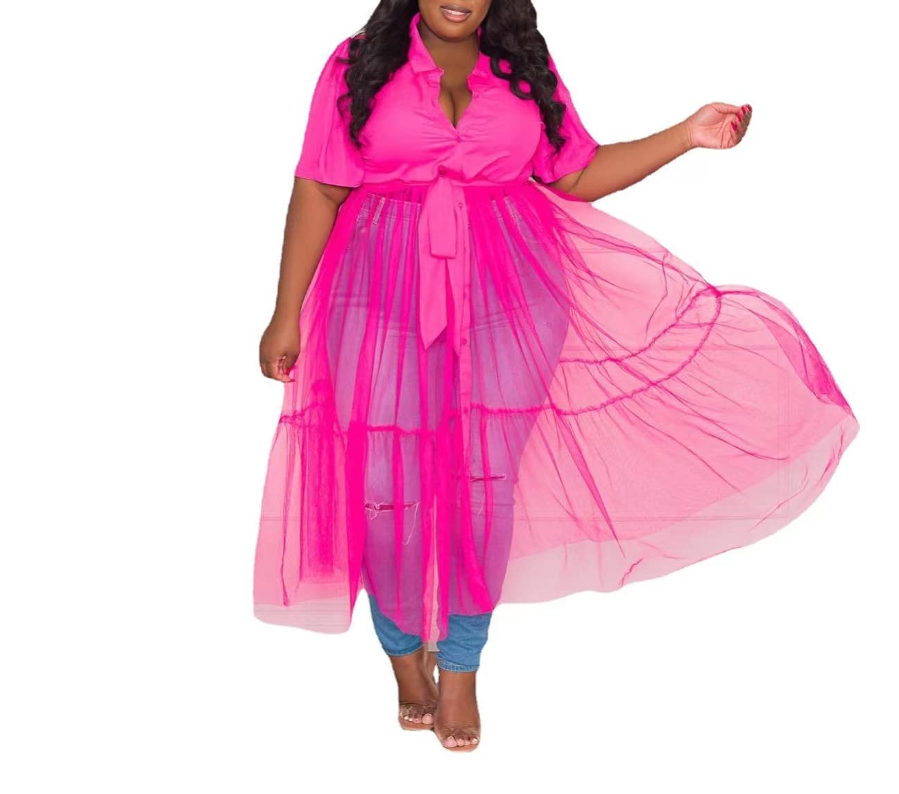 Sunlips Women's Sexy Plus Size Lapel Shirt Dress - Mesh See Through Puff Short Sleeve Flowy Swing Dress for Clubwear, Night Out & Party | Size XL-5XL