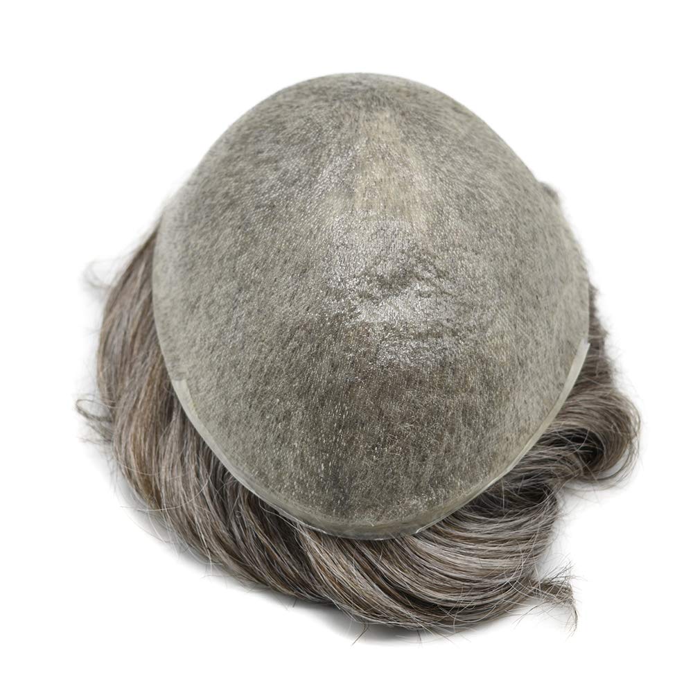 Premium Men's Toupee - 100% Human Hair & Ultra Thin Skin Base - Natural Hair Replacement System for Men (1B80# Off Black & 80% Synthetic Grey) - Light to Medium Density 8