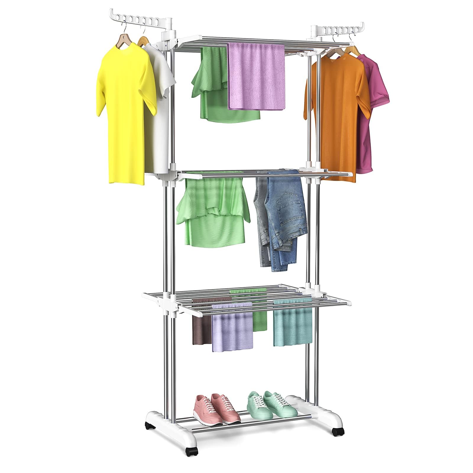 Bigzzia 4-Tier Stainless Steel Clothes Drying Rack - Foldable Laundry Rack for Indoor & Outdoor Use with 2 Side Wings | Space-Saving Grey White Garment Organizer | Perfect for Apartments, Balconies, and Small Spaces