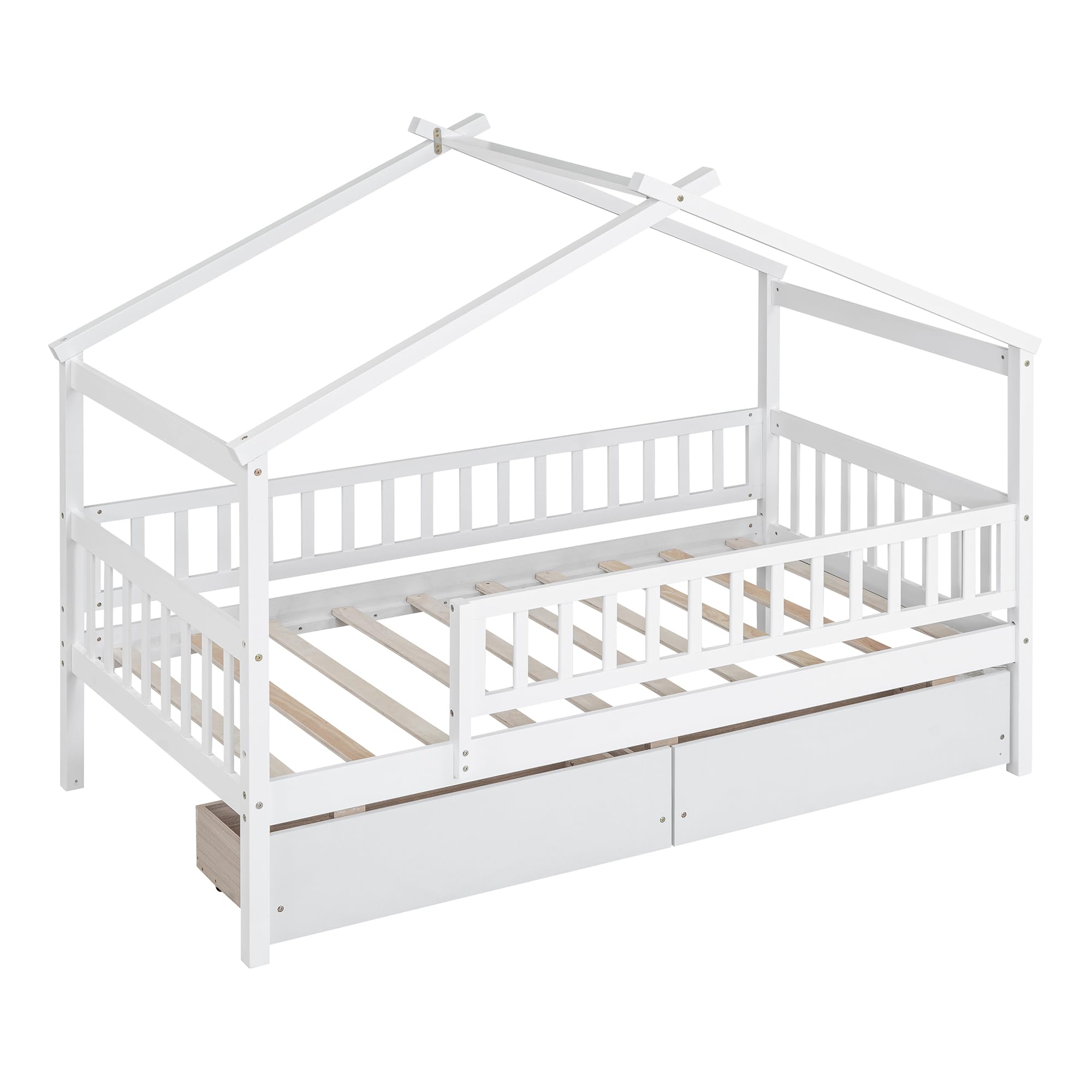 Twin Size Wooden House Bed Frame with 2 Storage Drawers & Safety Guardrail - Space Saving Kids Bed for Small Bedrooms, Playrooms & Nursery (White) - Perfect for Toddlers, Children & Sleepovers