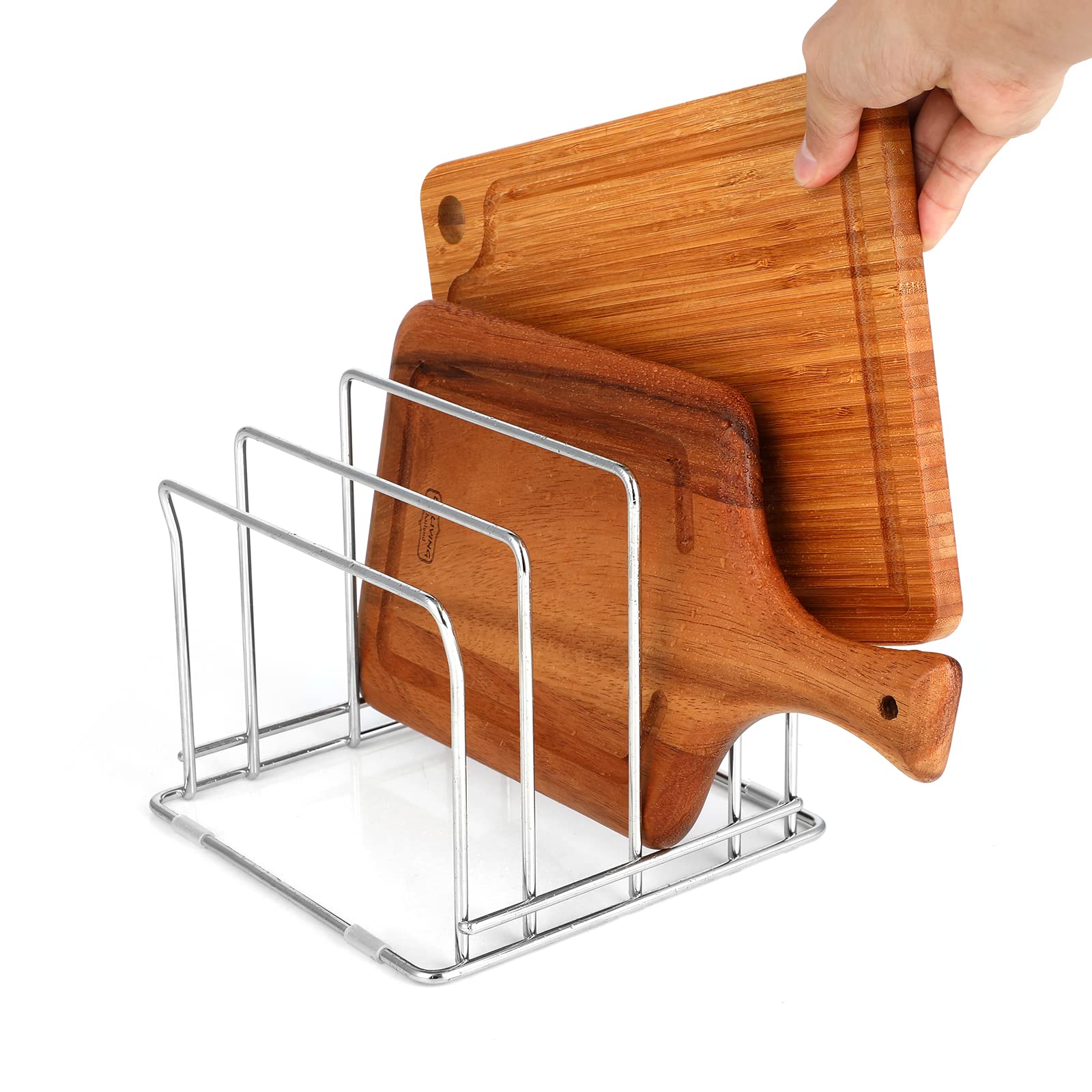 Stainless Steel Cutting Board Organizer with 4 Slots - Kitchen Cabinet & Pantry Storage Rack for Chopping Boards, Pot Lids, Plates & Baking Sheets - Space Saving Under Sink Organizer (1 Pack) - Perfect for Small Kitchens & Organized Cooking Spaces