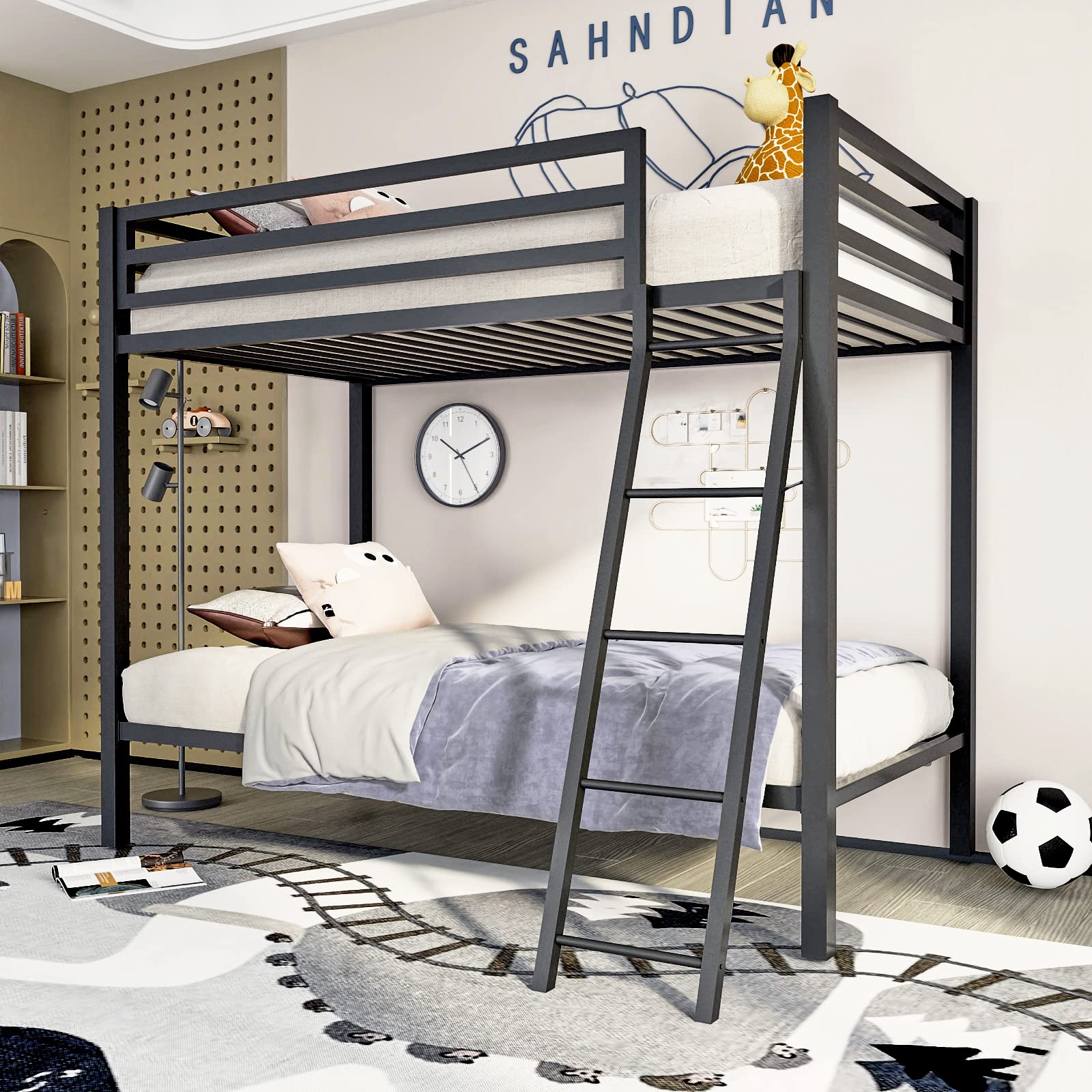 ikalido Metal Loft Bunk Bed Twin Over Twin Size with Safety Guardrail & Ladder - Space Saving Bedroom Furniture, No Box Spring Needed - Cream White - Perfect for Kids Rooms, Dorms & Small Apartments