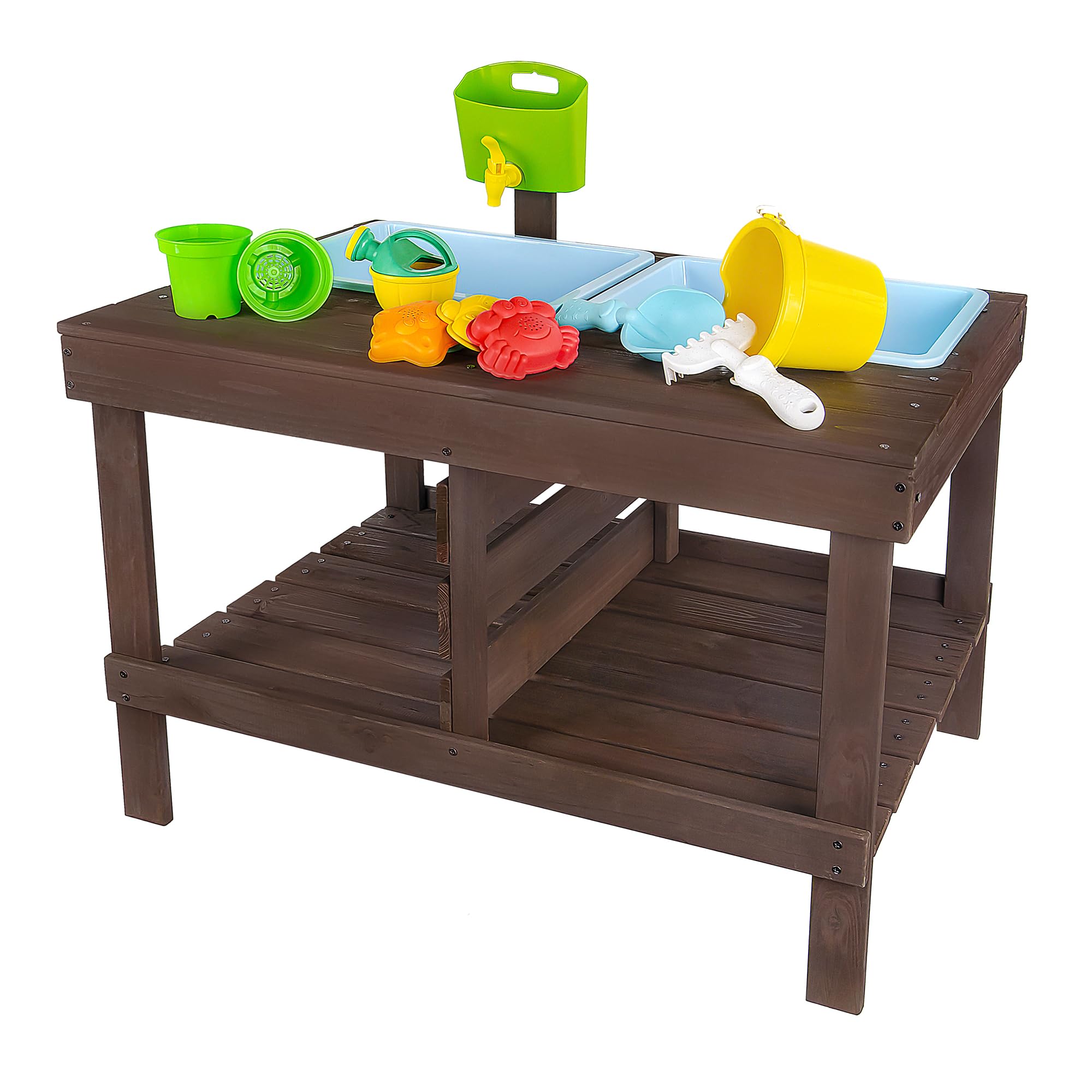 WONKAWOO Wooden Sand and Water Table for Toddlers - Outdoor Sensory Play Table with 2 Plastic Bins, Built-in Water Tap & Beach Toys - Sand & Splash Oasis™ Standing Activity Table - Perfect for Backyard, Beach, and Preschool Playtime