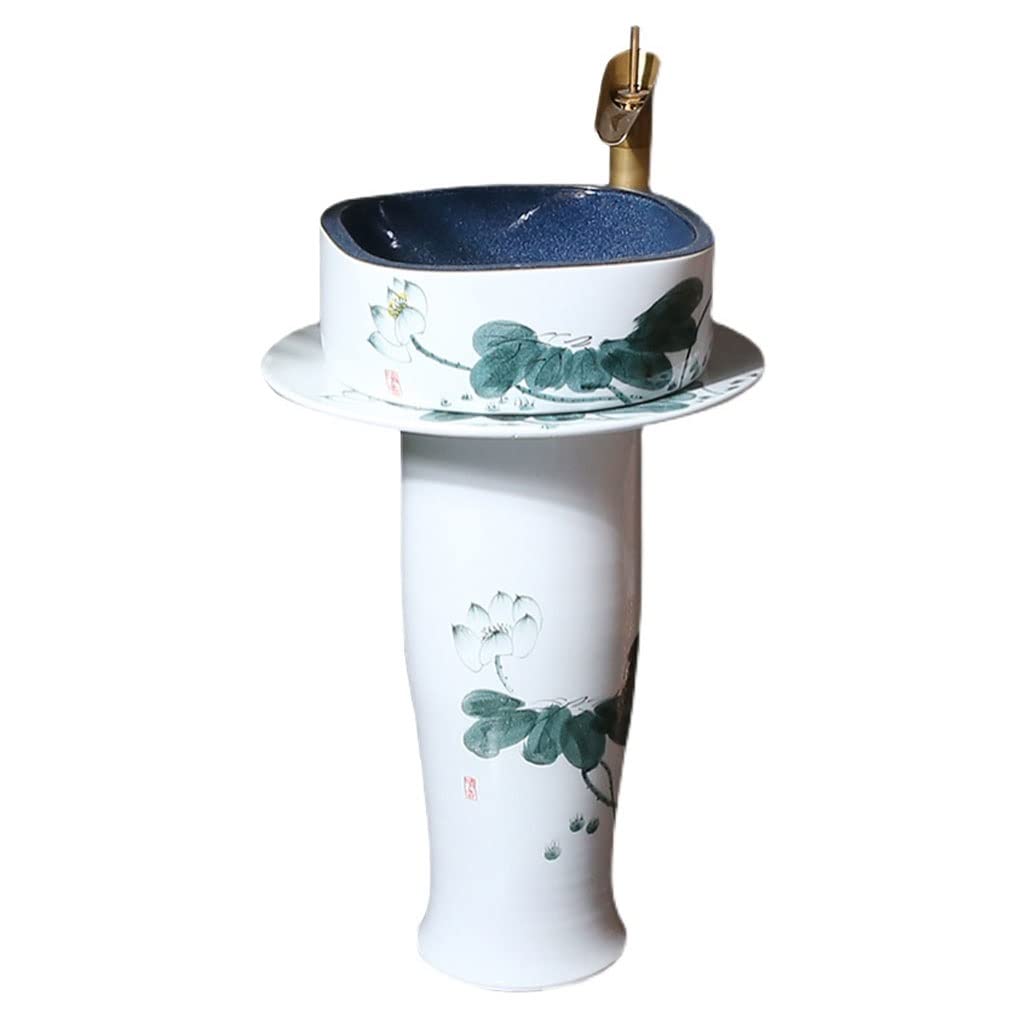 LEFEDA Ceramic Vessel Sink - Modern Lotus Ink Art Bathroom Basin with Pedestal Stand, Small Grey Floor Mount Sink for Powder Room, Guest Bath & Luxury Home Decor