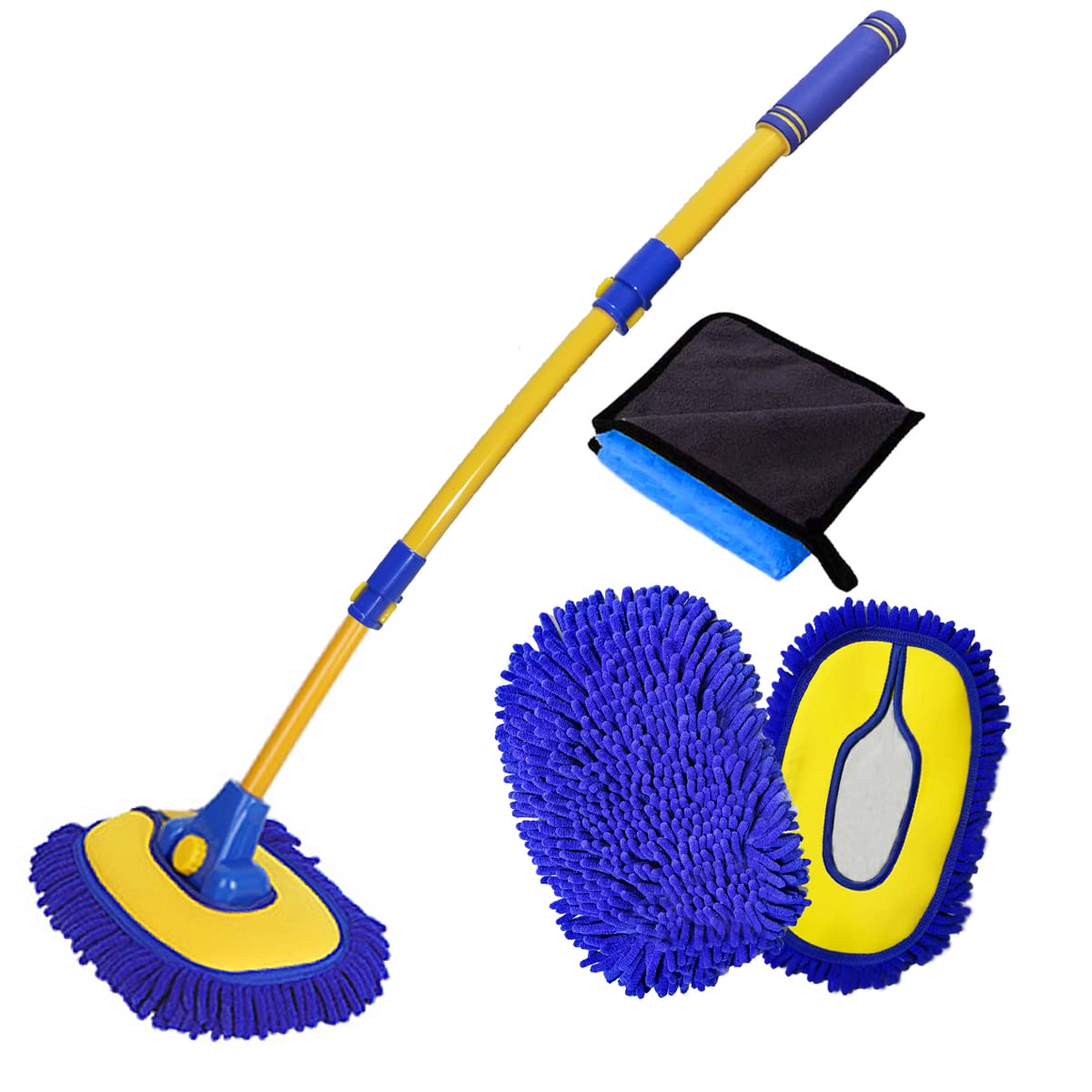 Premium Car Wash Brush Kit with Long Handle & Microfiber Towels - 2 Replacement Heads, Extension Pole - Car Cleaning Supplies for Cars, Trucks, SUVs & RVs (Blue) - Perfect for Driveway Washing, Auto Detailing & Vehicle Maintenance