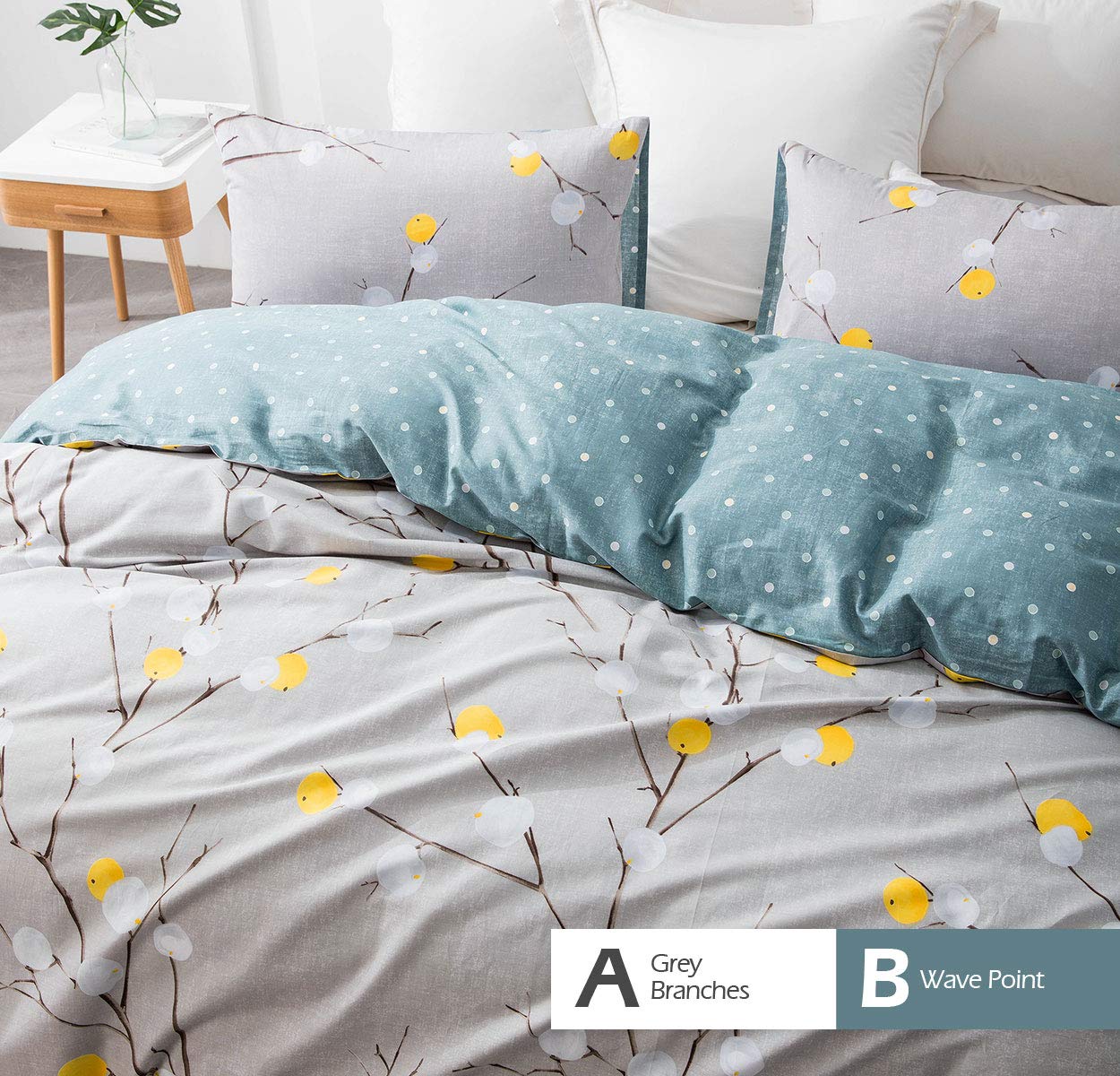 SleepBella King Size Duvet Cover - 600 Thread Count 100% Cotton Grey Branch with Yellow Turquoise Polka Dot Pattern, Reversible Comforter Cover (King, Grey Branches) for Bedroom Decor & Guest Room Styling