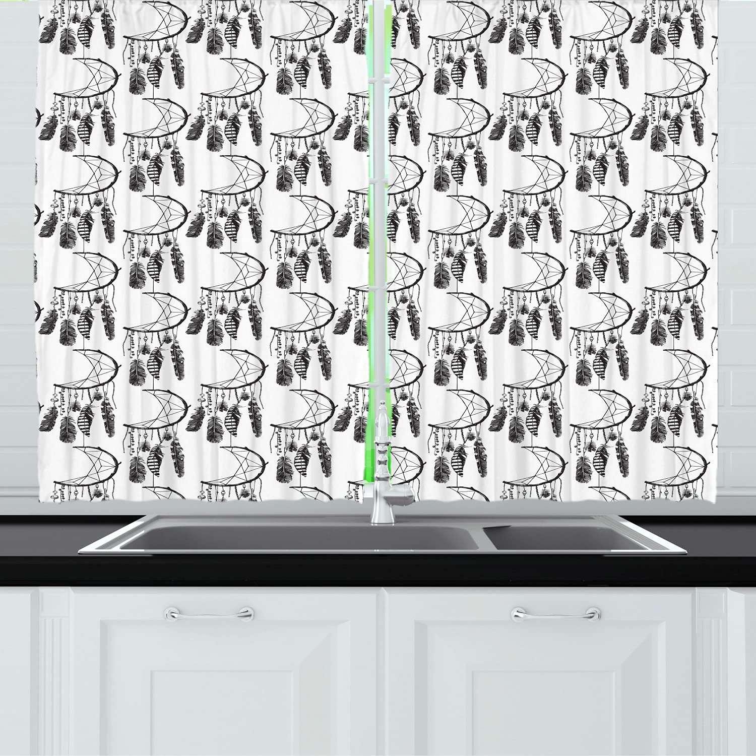 Ambesonne Bohemian Moon & Dreamcatcher Kitchen Curtains - Ethnic Art Print Blackout Drapes with Rod Pocket, 55x45 Inches, White & Dark Grey - Perfect for Hippie Style Home Decor, Bedroom & Living Room Window Treatments